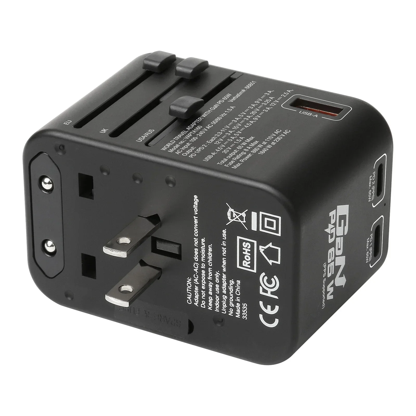 World Travel Adapter with USB-C and USB-A Ports - black