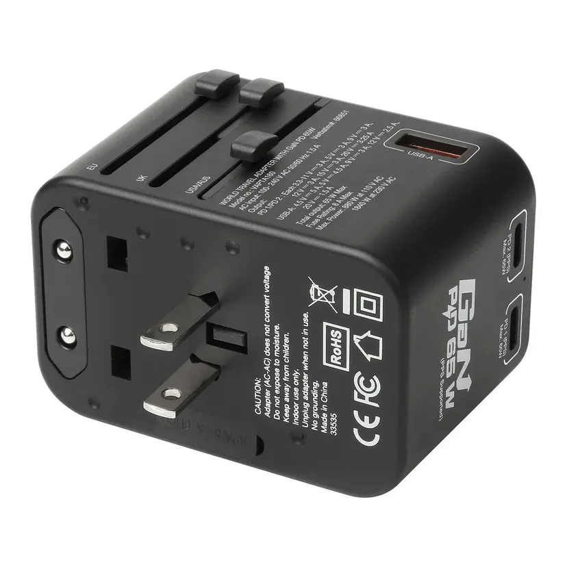 World Travel Adapter with USB-C and USB-A Ports - black