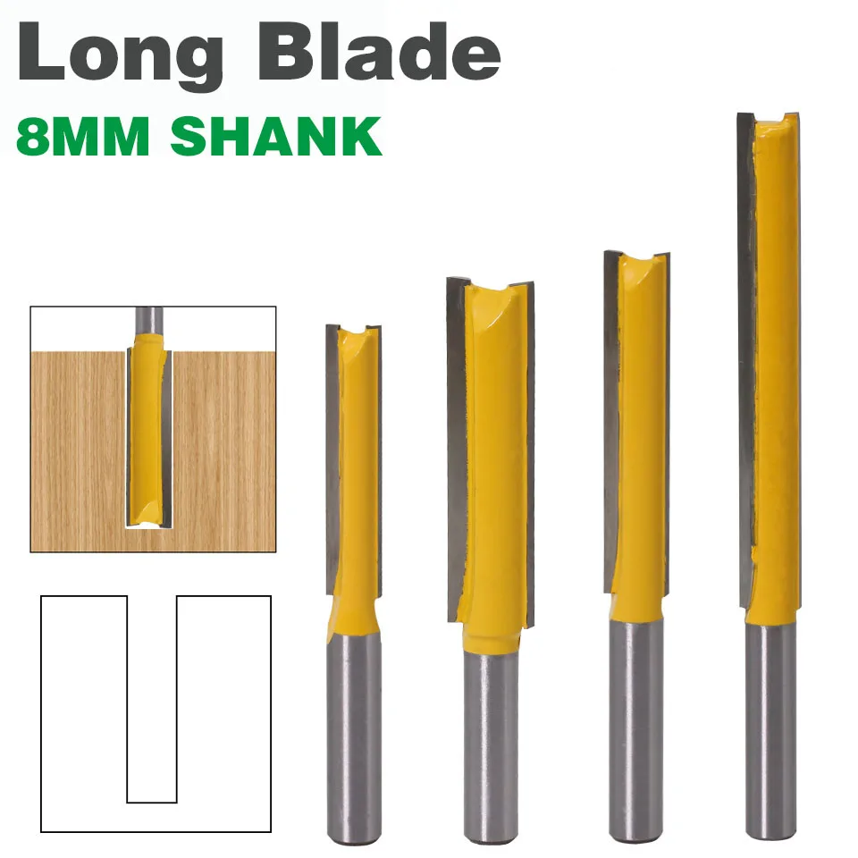 1pc 8mm Shank Extra long 3 Blade 8mm Cutting Dia. Straight Router Bit Woodworking cutter Tenon Cutter for Woodworking