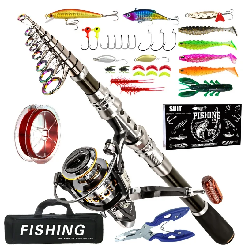 1.8-3m Carbon Telescopic Pole and 5.2:1 Gear Ratio High Speed Aluminum Reel Fishing Reel with Fishing Line Bait Bag Kit