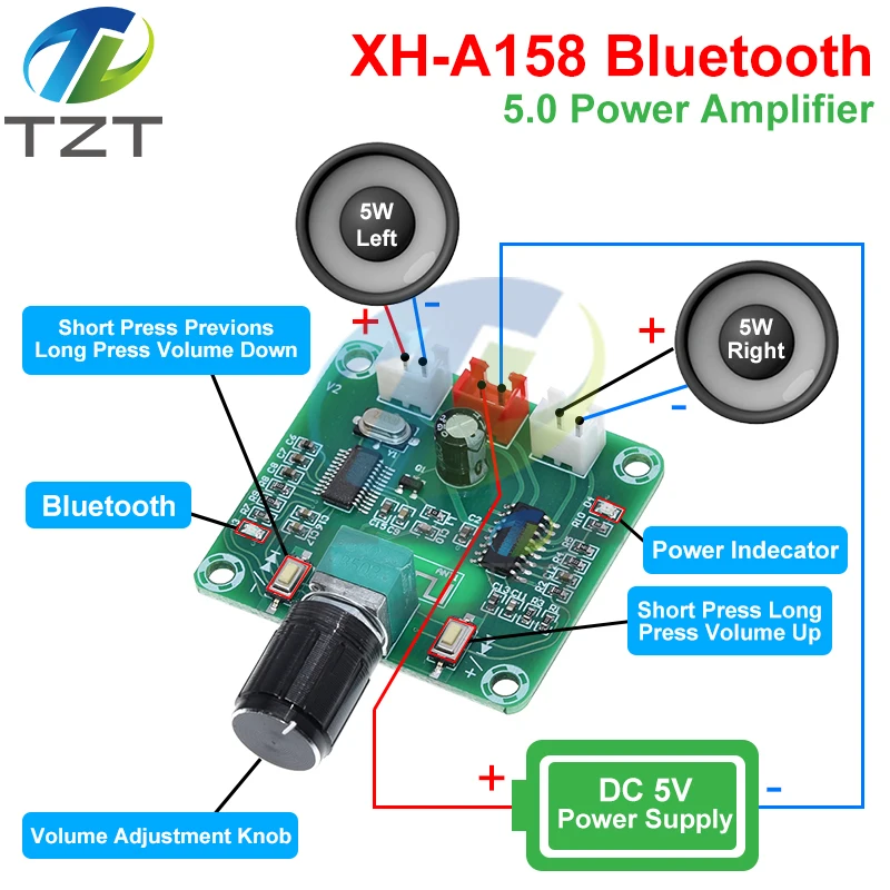 DIY Wireless Speaker Amplifier Board 5W*2 XH-A158 Ultra Clear Bluetooth 5.0 Power Amplifier Board Pam8403 Small Power