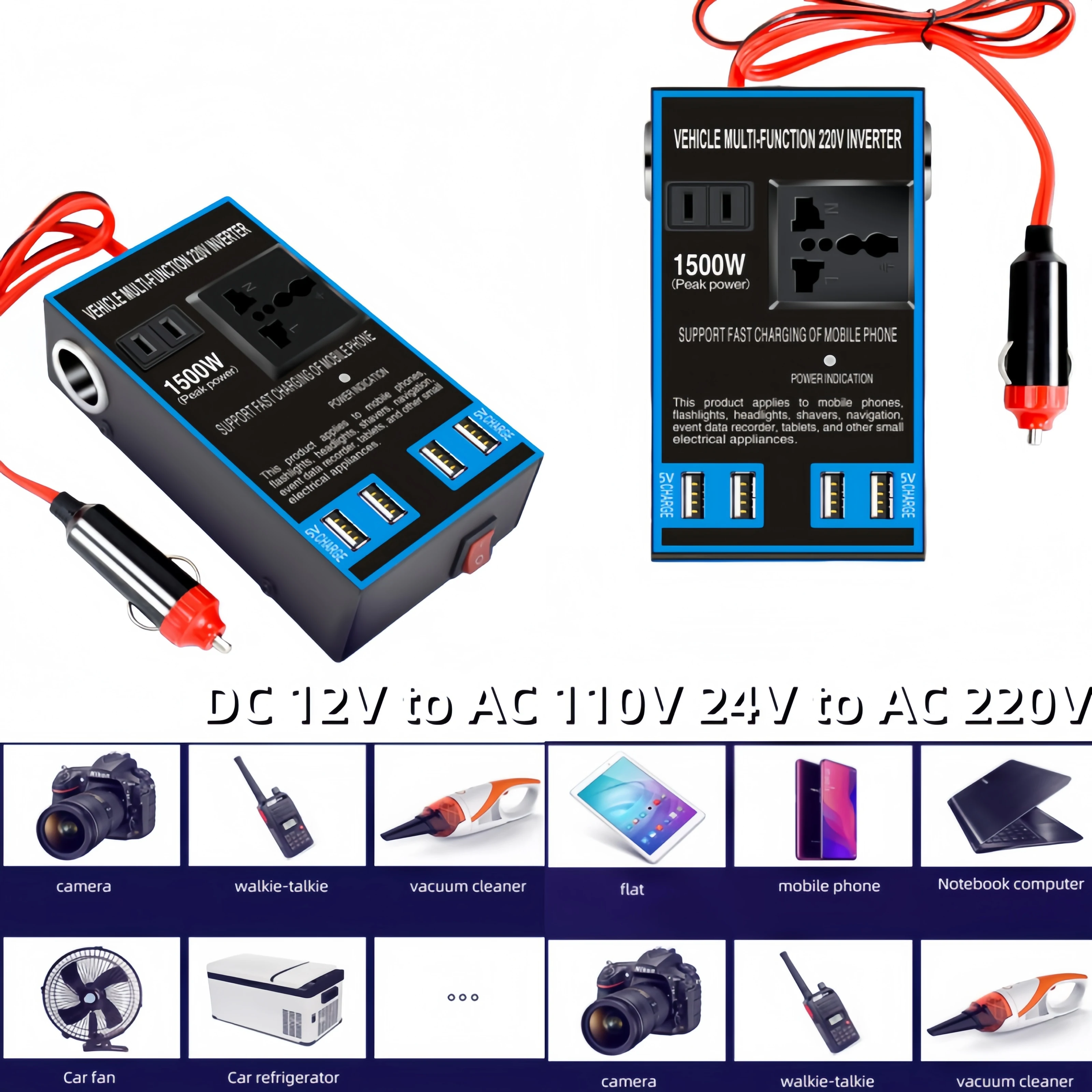 1500W Power Inverter DC 12V 24V to AC 110V 220V Car Converter with 4 U-SB Quick Charging Lighter Sock-et for Vehicle Home