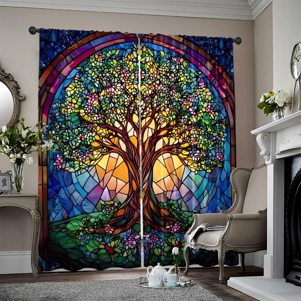 2pcs, spring summer Stained Glass Tree of Life Yarn Curtains 100% Polyester Room Decor for Room, Kitchen, Study,