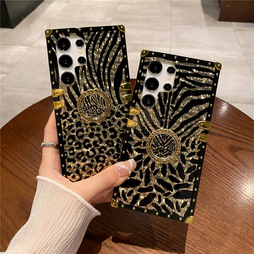 Feather Leopard Gold Plating Case For Samsung Galaxy S26 S25 Plus S24 FE S23 Ultra S22 Diamond Ring Stand Glitter Cover