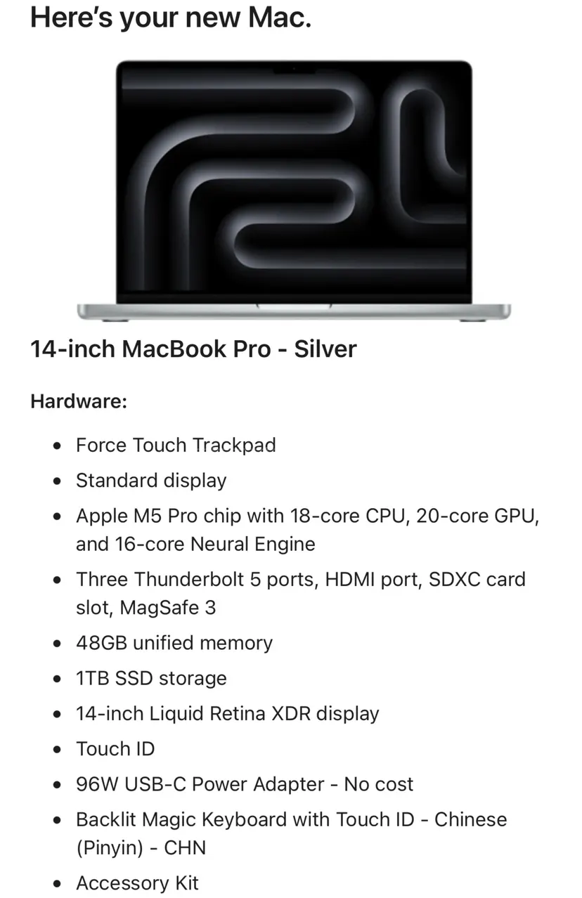 New, unboxed 14” MacBook Pro M5 Pro, 48GB +1TB