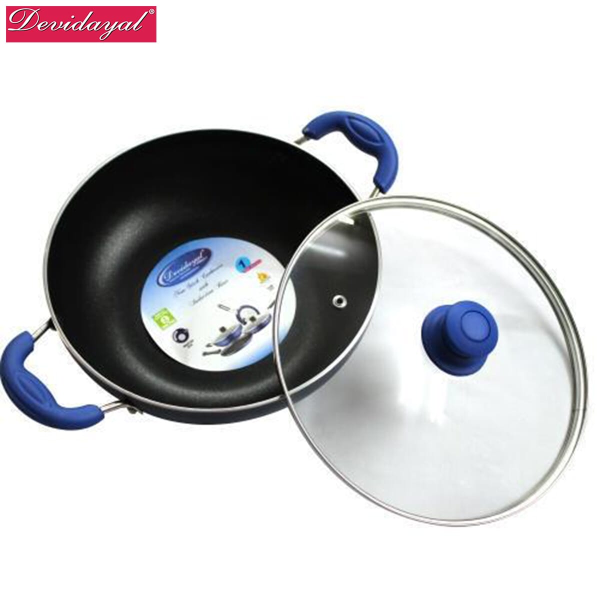 DeviDayal Induction Base Non Stick Soft Touched Blue Handle Kadai With Glass Lid (280Mm)