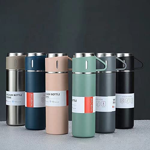 Stainless Steel Vacuum Insulated Double Wall Bottle for Hot & Cold Water- 500ML with Set of 2 Cups 250ML - Black