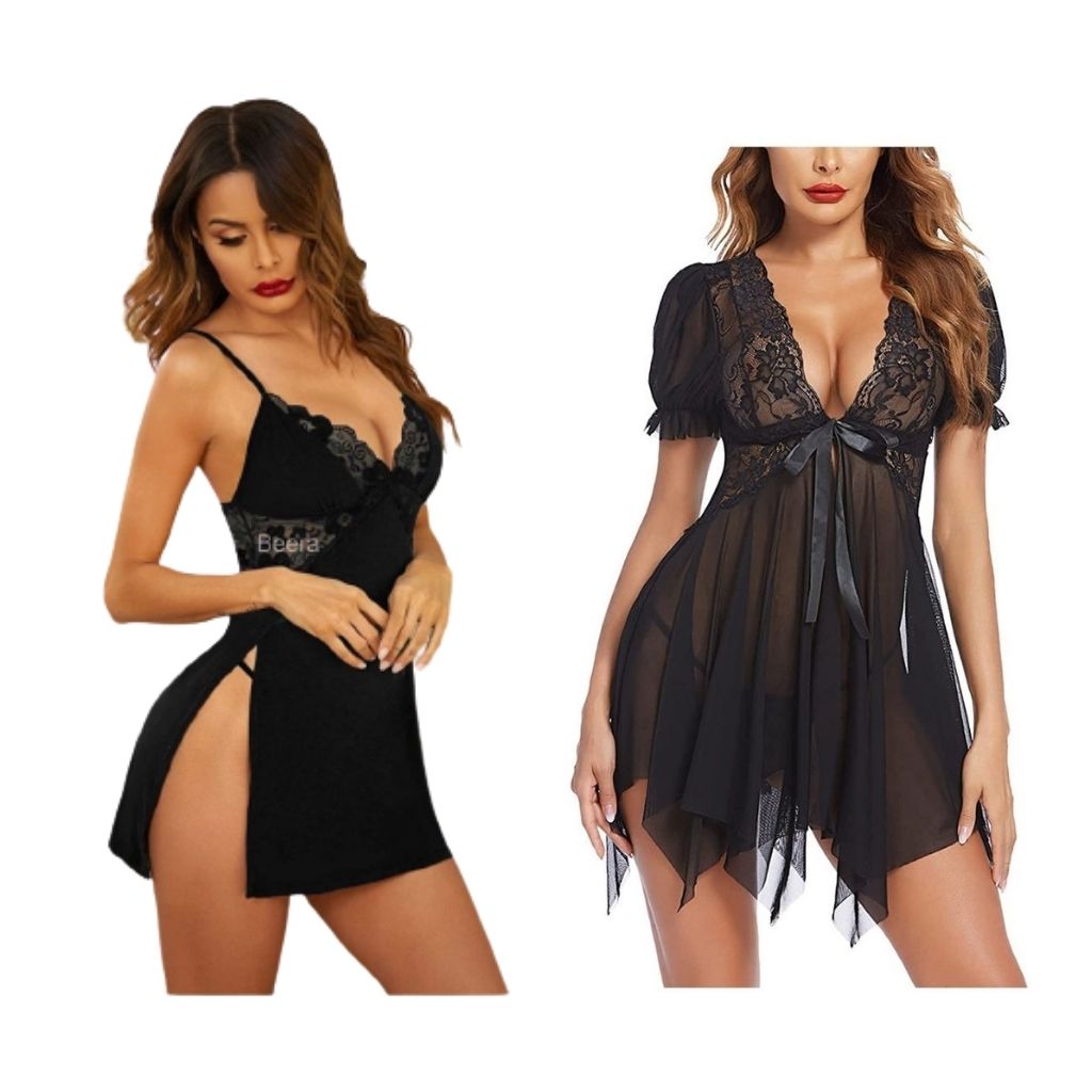 Combo set of Nightwear Baby doll Lingerie for Women Free Size Black Color