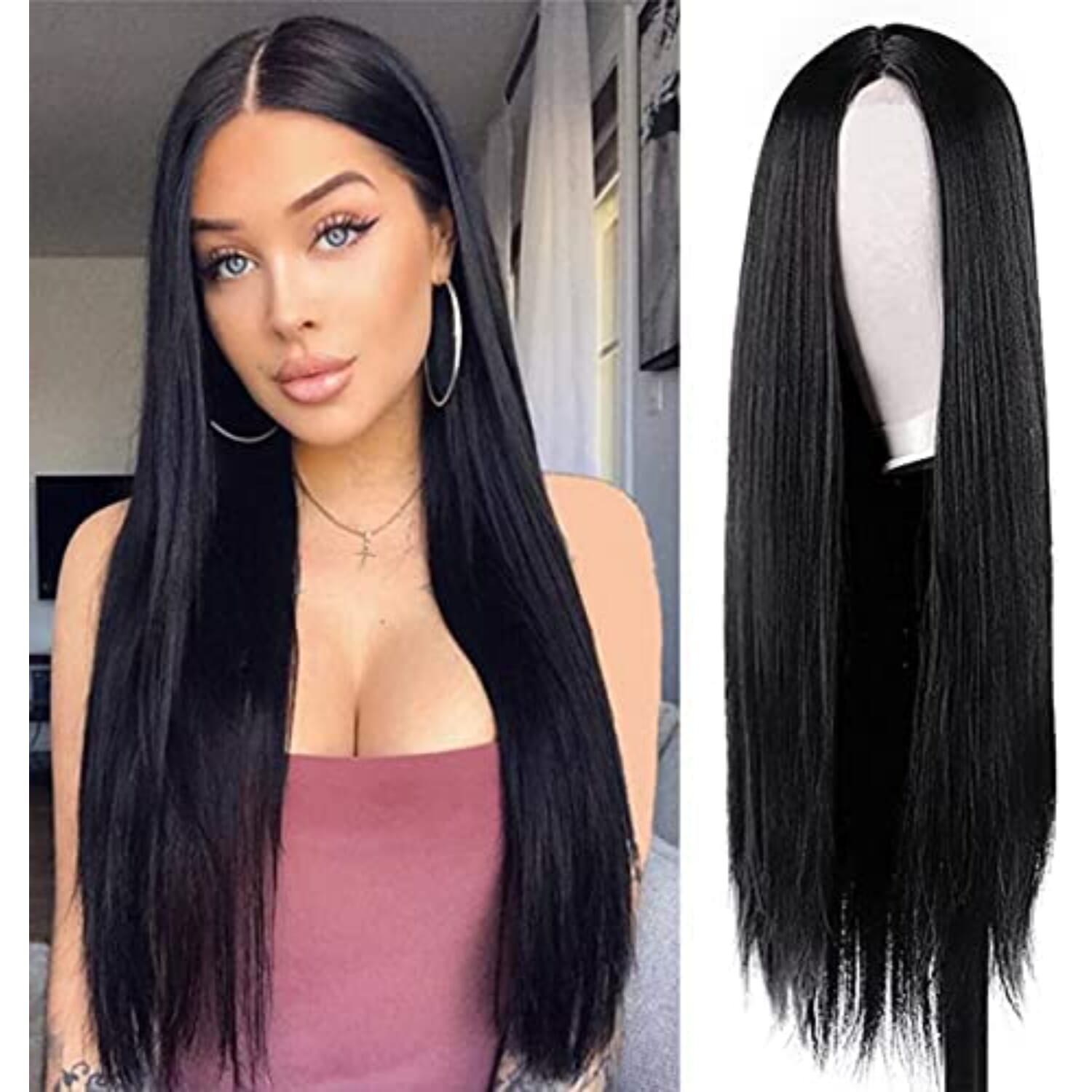 Women Heat Resistant Black Long Straight Synthetic Hair Wig Extension Hairpiece |