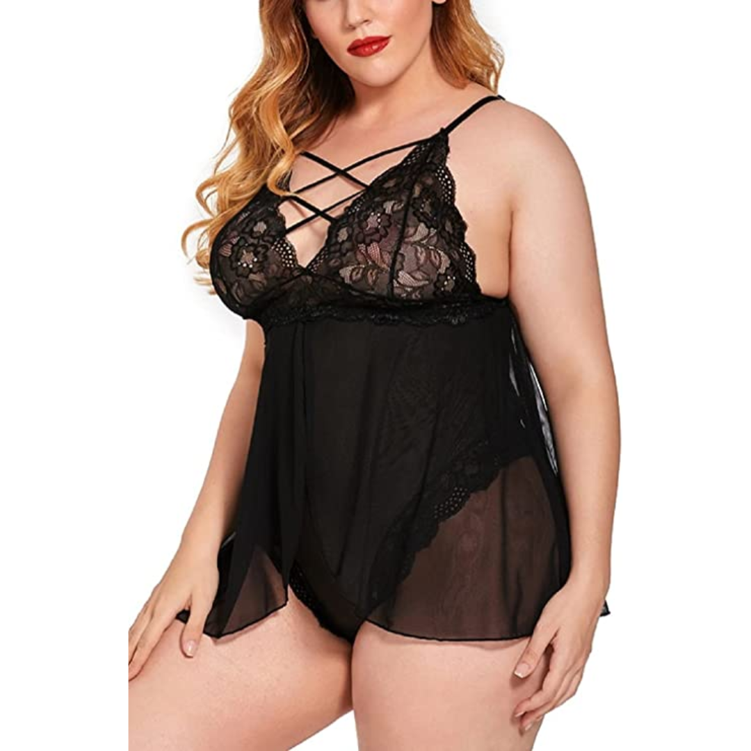 Babydoll Lingerie Double Layer Elastic High Waist Teddy Chemise Suspender Floral Lace Nightdress For Women Free Size