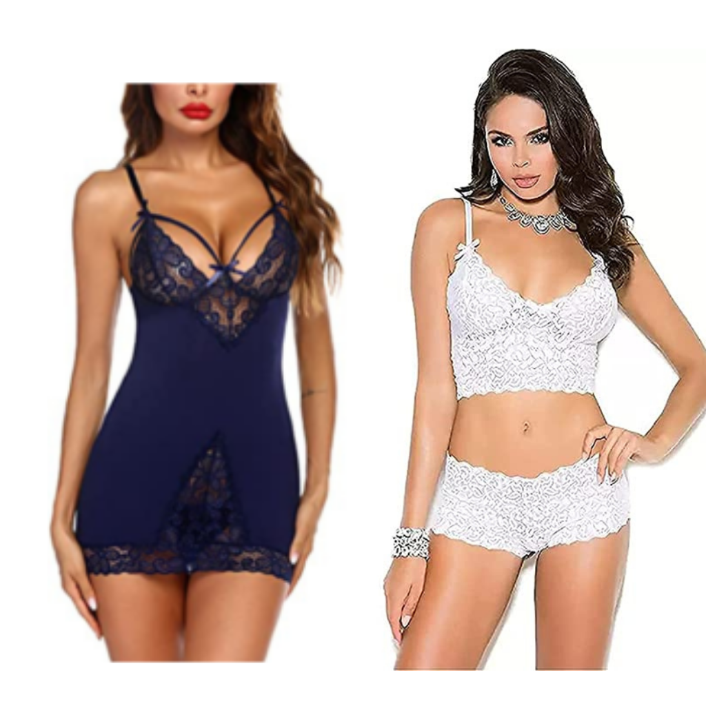 Combo set of Stylish Babydoll Lingerie With G String Panty Free Size Blue and White Color