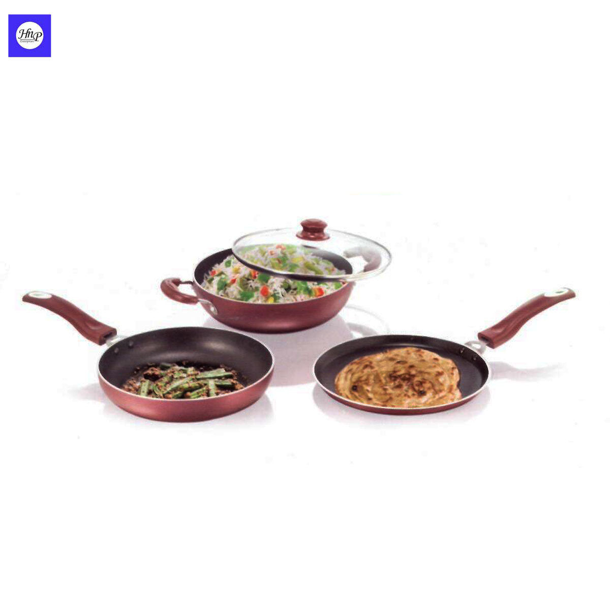 DeviDayal 4 Piece Non Stick Cookware Set ( Kadai + Frying Pan + Dosa Tawa + Temperate Glass Lid )