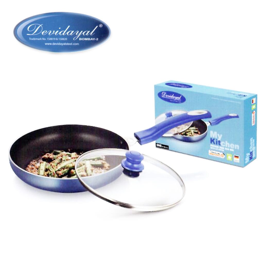 DeviDayal Induction Base Silicon Soft Non Stick Blue Handle Frying Pan With Temperate Glass Lid - 260 MM