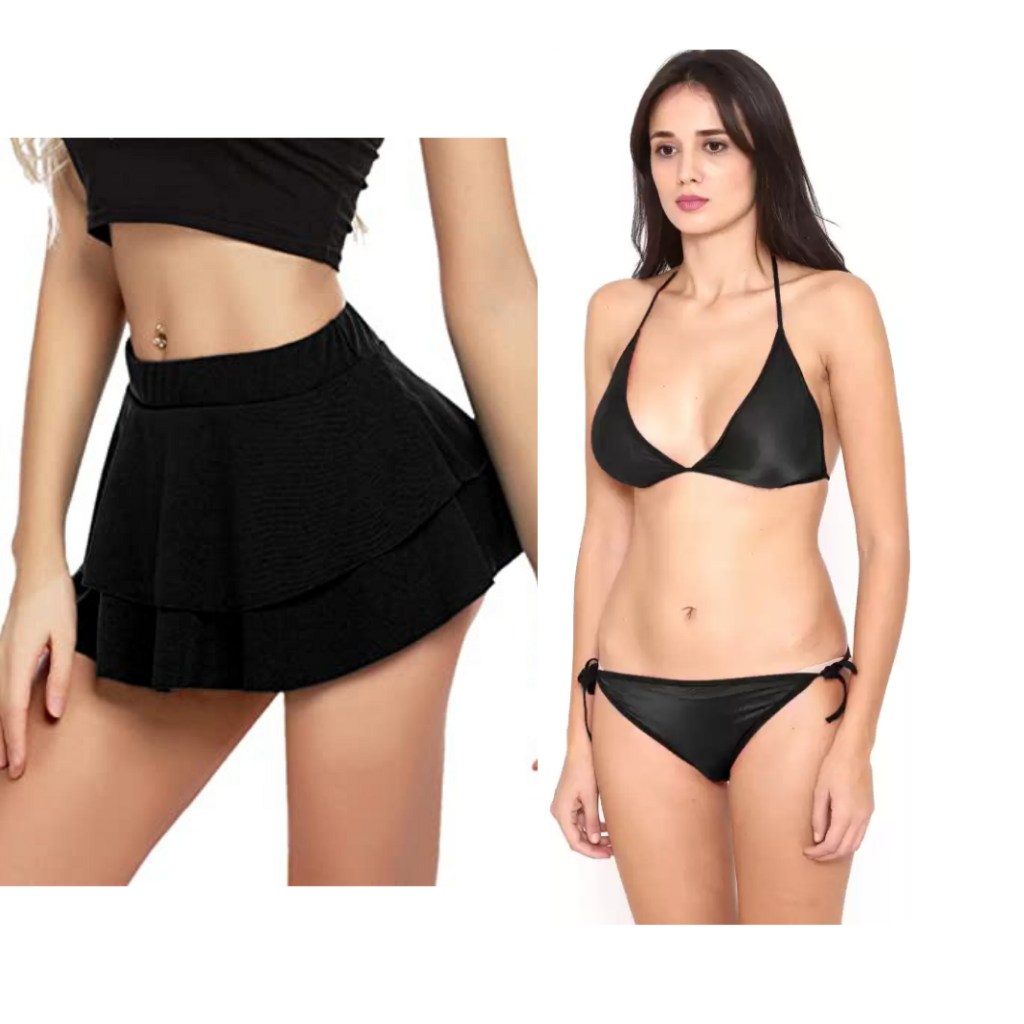 Combo Set of Women Pleated Mini Skirt Solid Ruffle Lingerie Skirts Free Size Black and Red Color