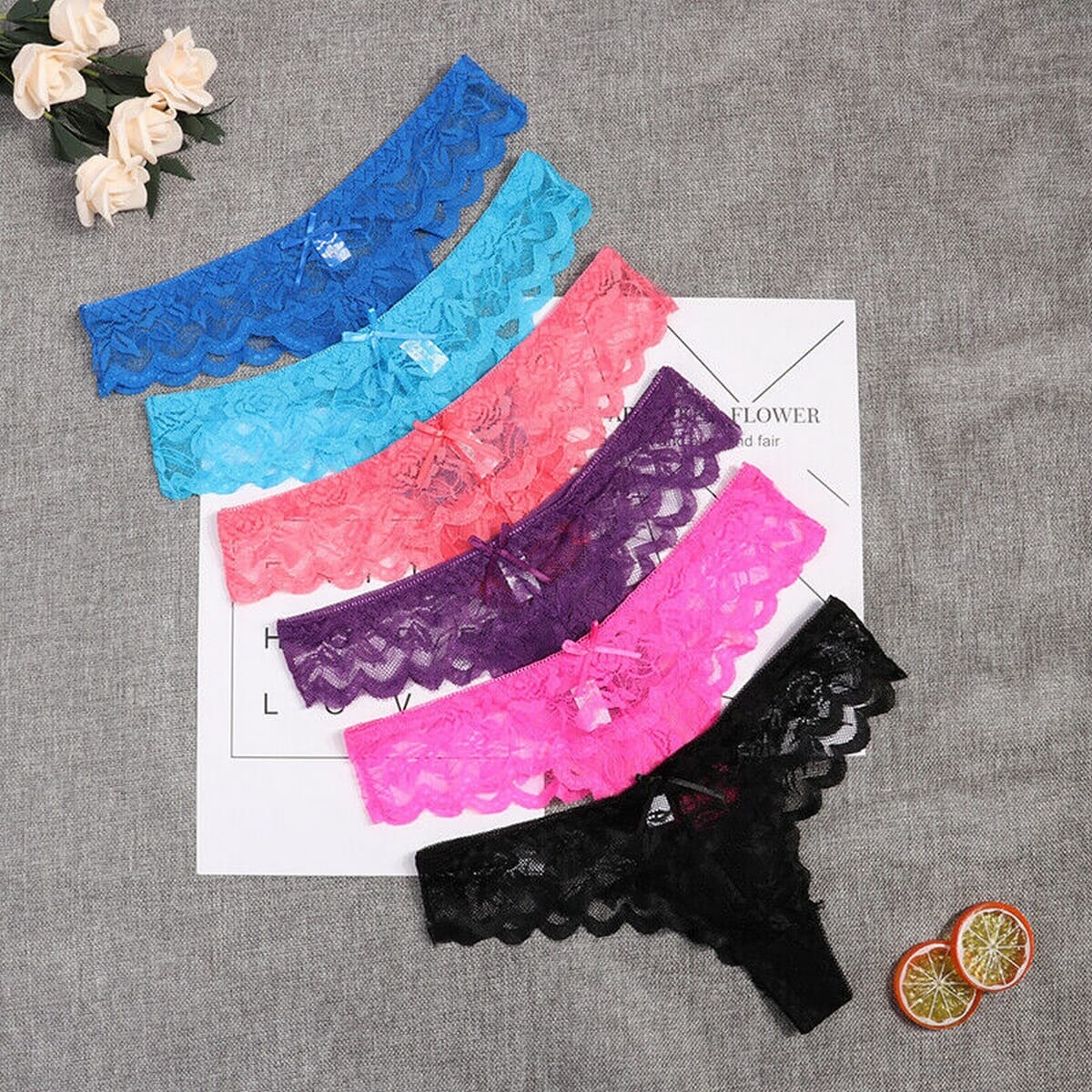 Combo Set Of 6 women Thinnest Fabric Bow Lace Cheeky Thongs Panty