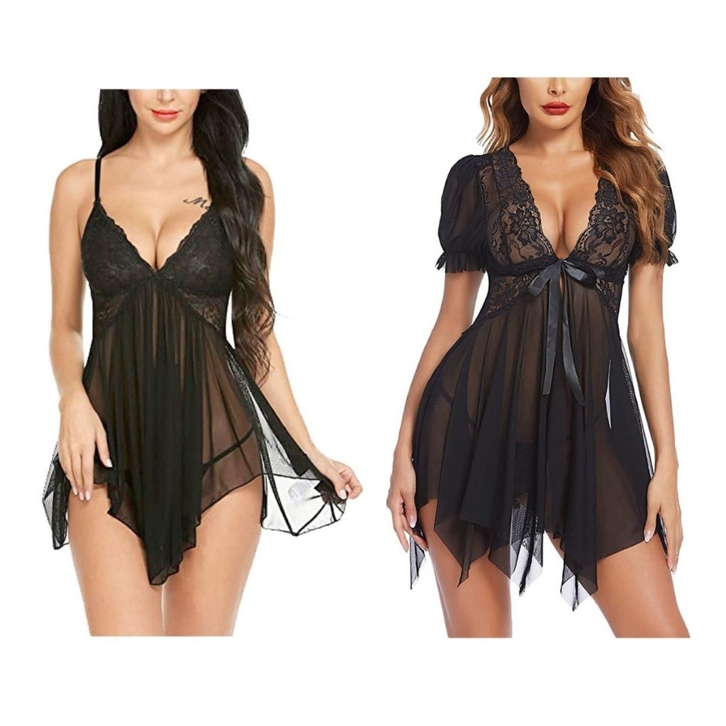 Combo set of Nightwear Baby doll Lingerie for Women Free Size Black and Red Color