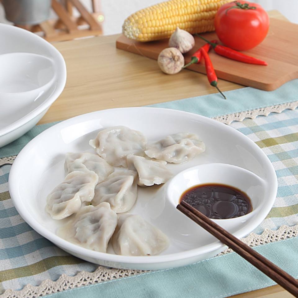 White Round High Grade Melamine Momo Plate With Side Sauce Bowl 10'' - Set Of 4