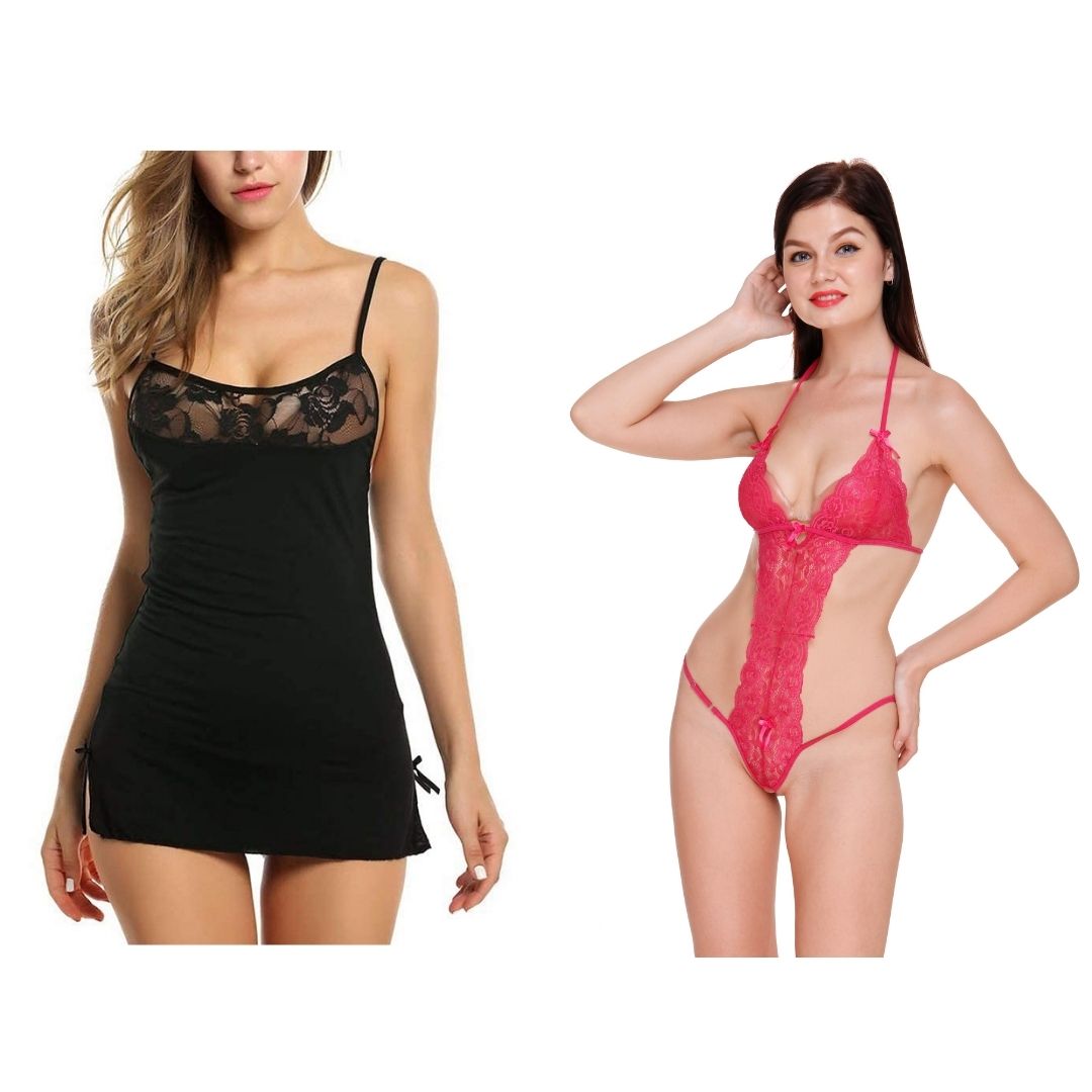 Set of 2 Women Lingerie Net Solid Above knee Baby Doll With G String Panty -1
