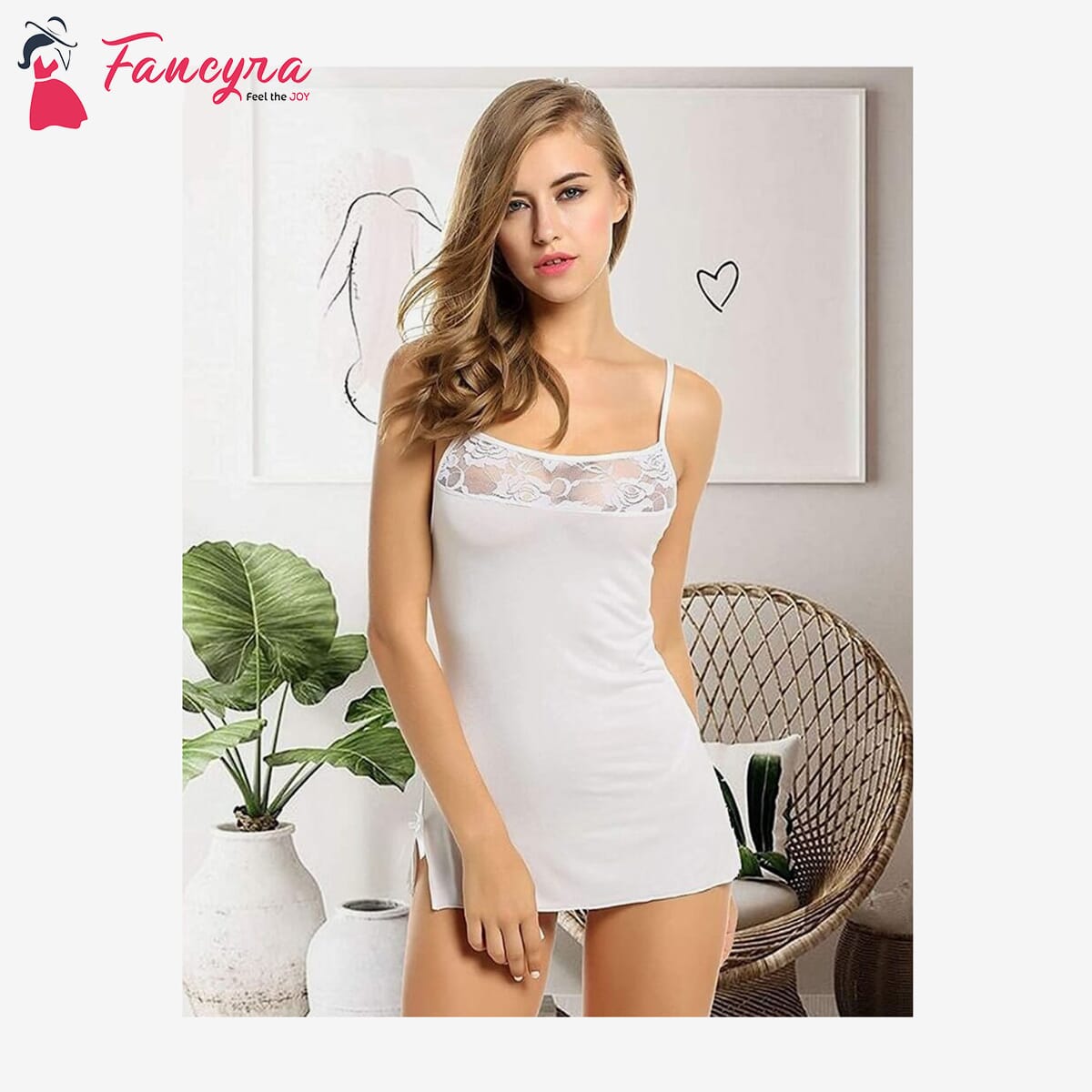 Women Sexy Nightwear Above knee Babydoll Sleepwear Lingerie With G String Panty White Color Free Size