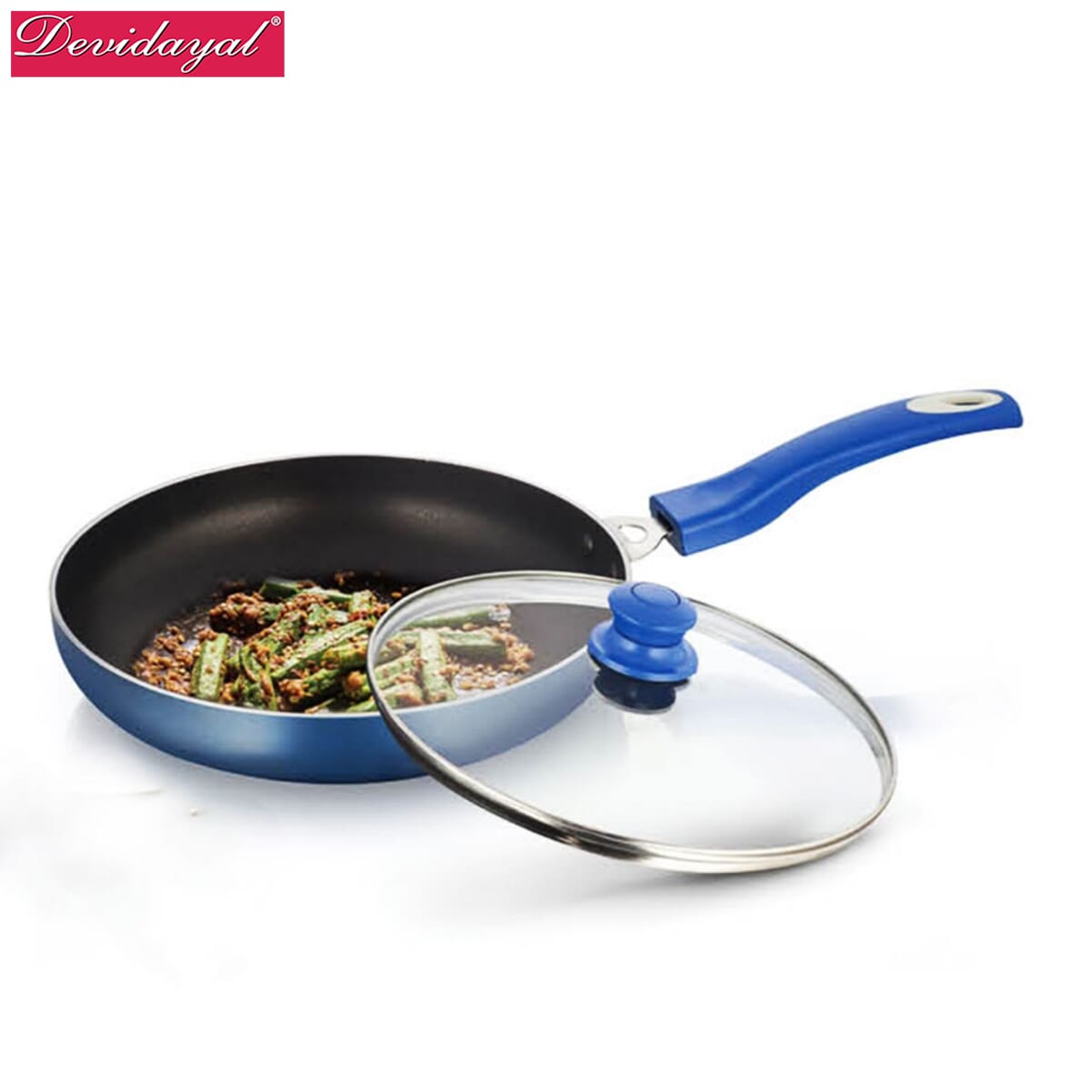 DeviDayal l Black Non Stick Blue Handle Fry Pan With Glass Lid-(240 Mm)