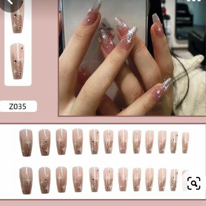 24 Pieces Star Stone Glitter Nude Press On Nails With Mini Manicure Set (Artificial Nail For Gift Ever) Savyata Stores
