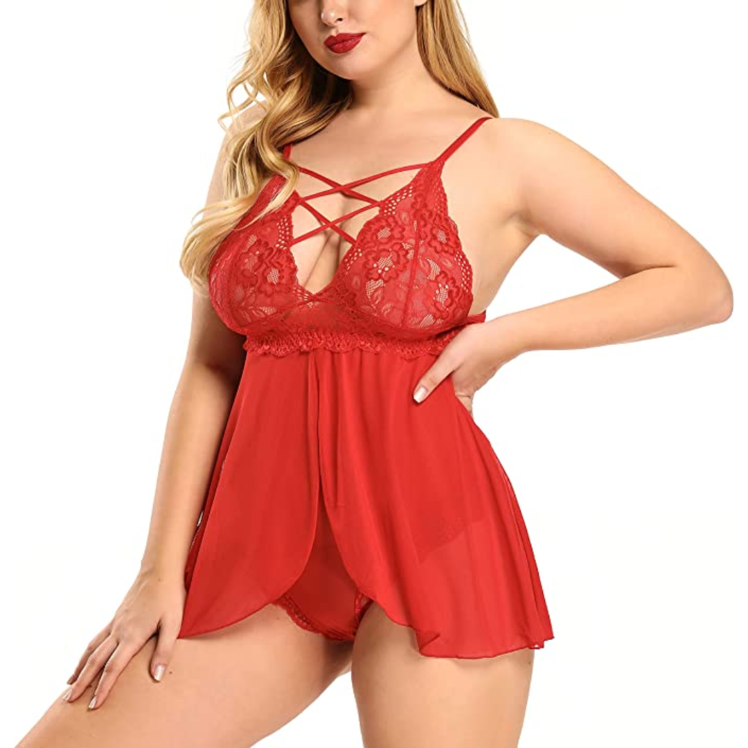 Babydoll Lingerie Double layer Elastic High Waist Teddy Chemise Suspender Floral Lace Nightdress For Women