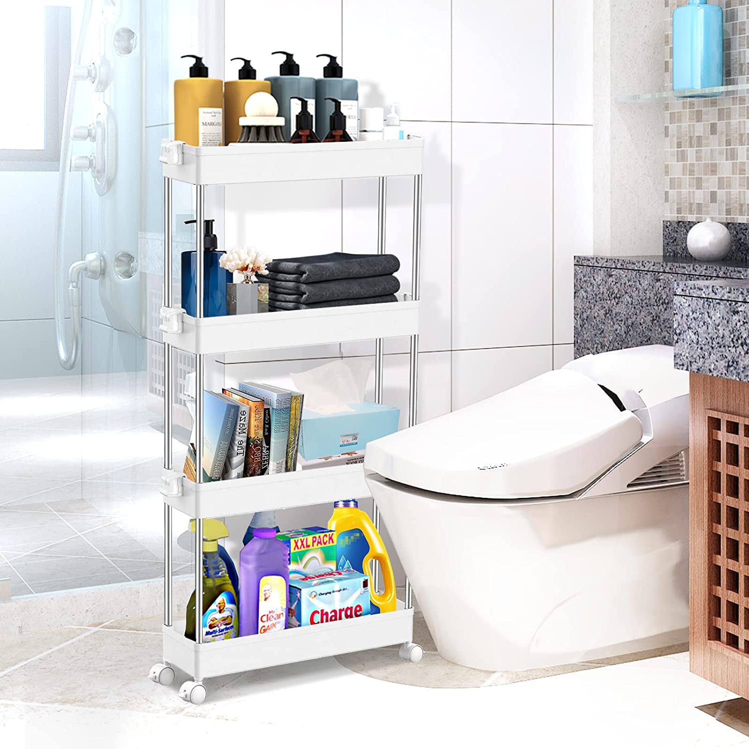 Spacekeeper 4 Tier Slim Storage Cart Mobile Shelving Unit Organ For Kitchen Bathroom Laundry Narrow Places, Plastic & Stainless Steel