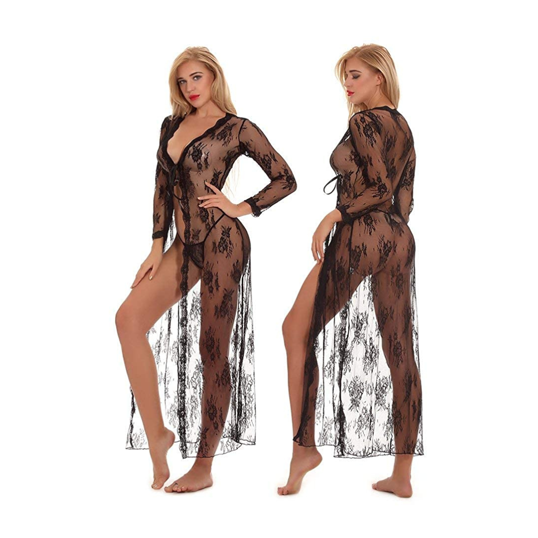 Women Full Long Net Sexy Floral Print Babydoll Lingerie for Honeymoon with G-String Free Size Black Color