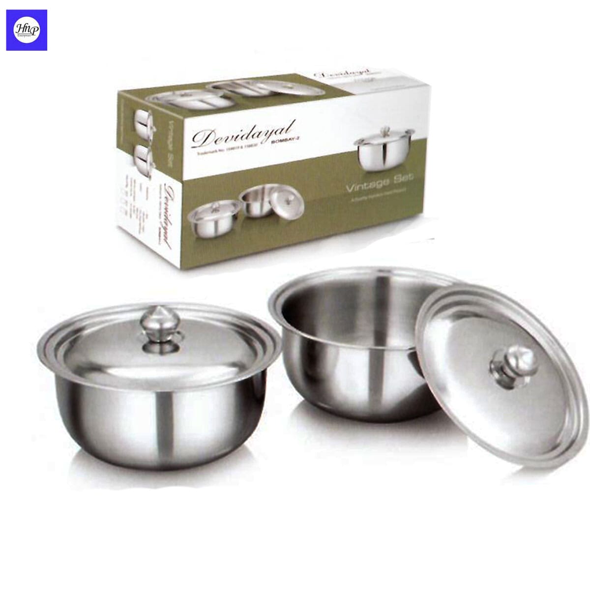 DeviDayal Single Wall Stainless Steel Vintage Serving & Storing Bowl Set Of 2 With Stainless Steel Lid