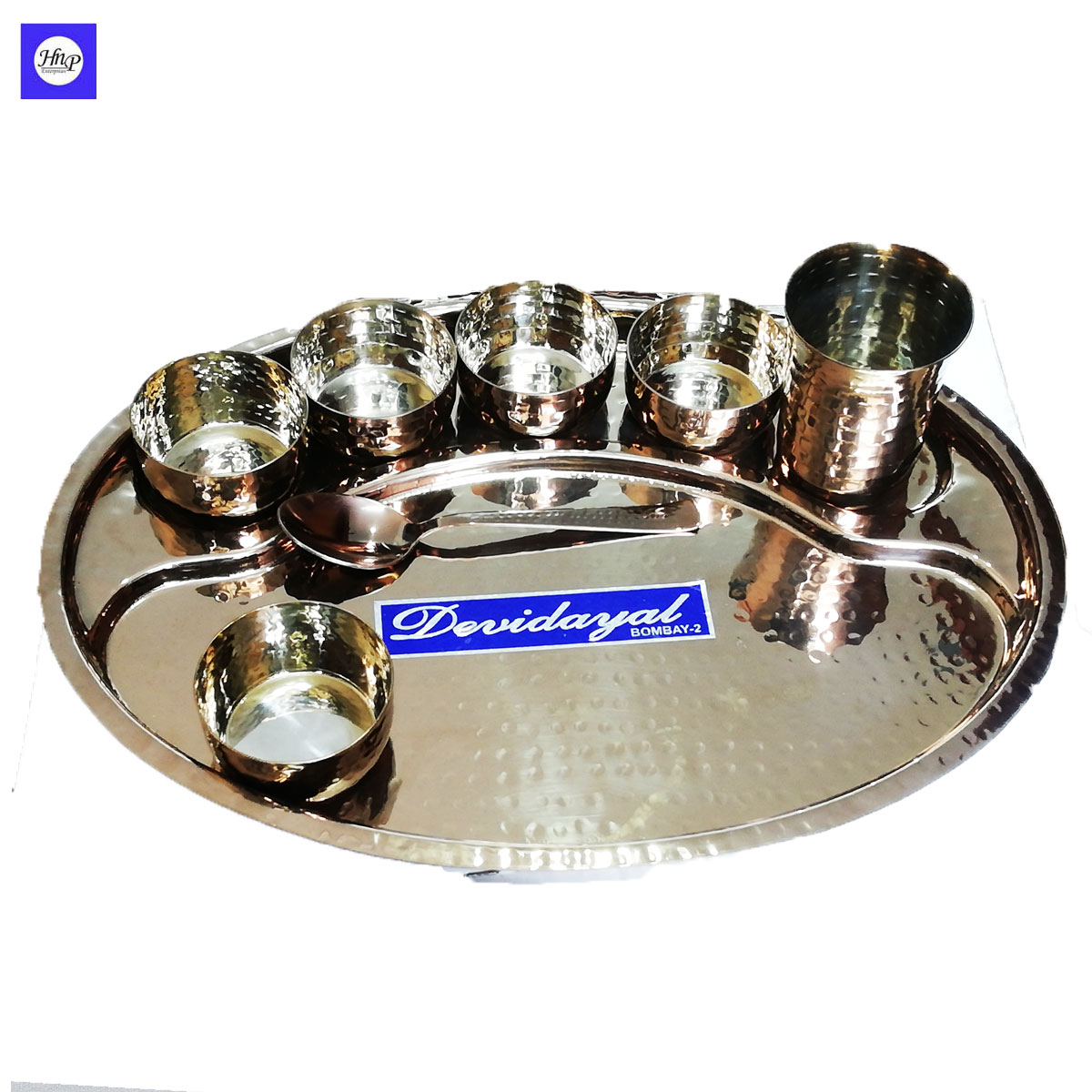 DeviDayal Golden Oxidized Stainless Steel Hammered Bhojan Thali Set Pack Of 8 Pieces Set