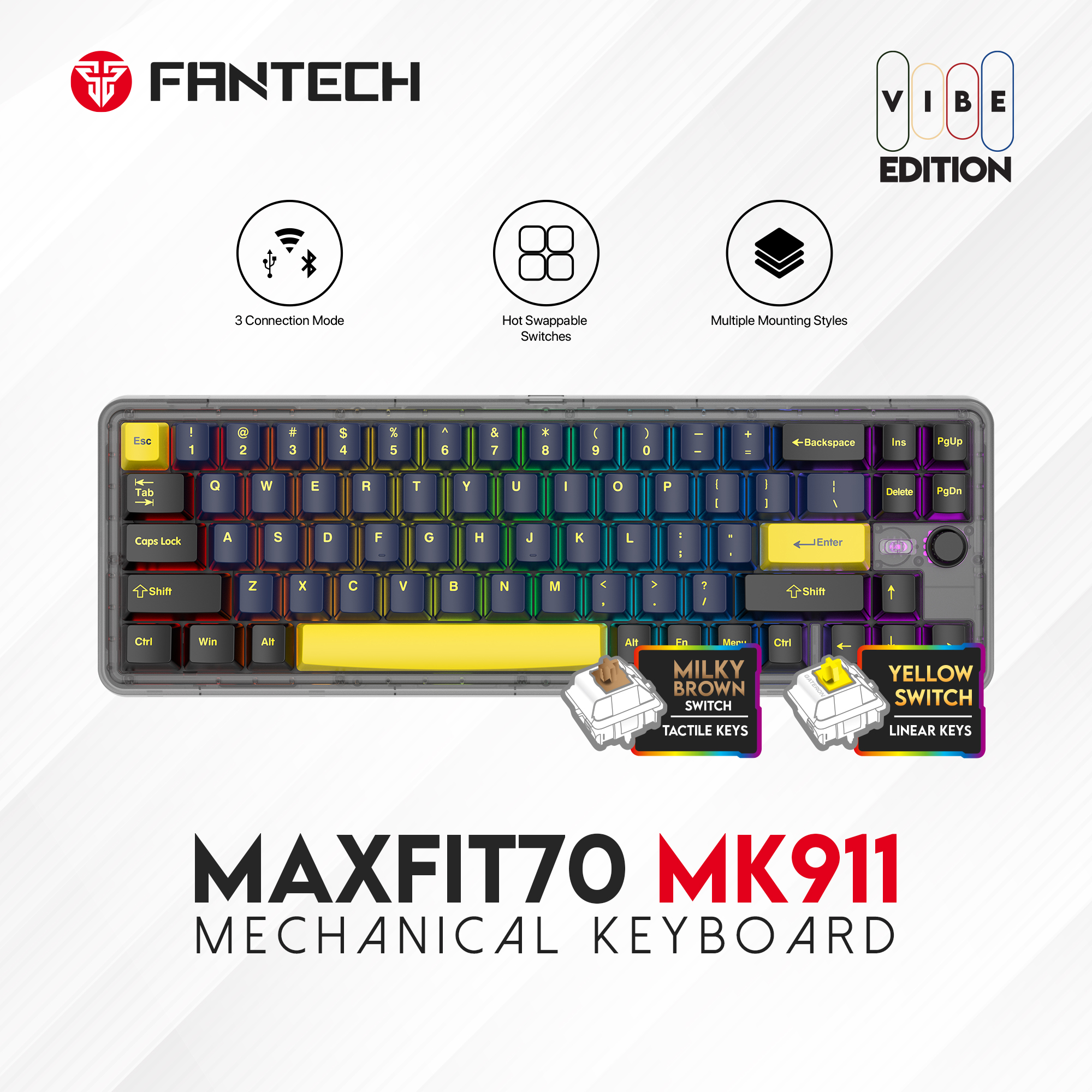 FANTECH MAXFIT70 MK911 Hot Swap Wireless and Wired Mechanical Keyboard-(Vibe London Tour)-Brown Switch