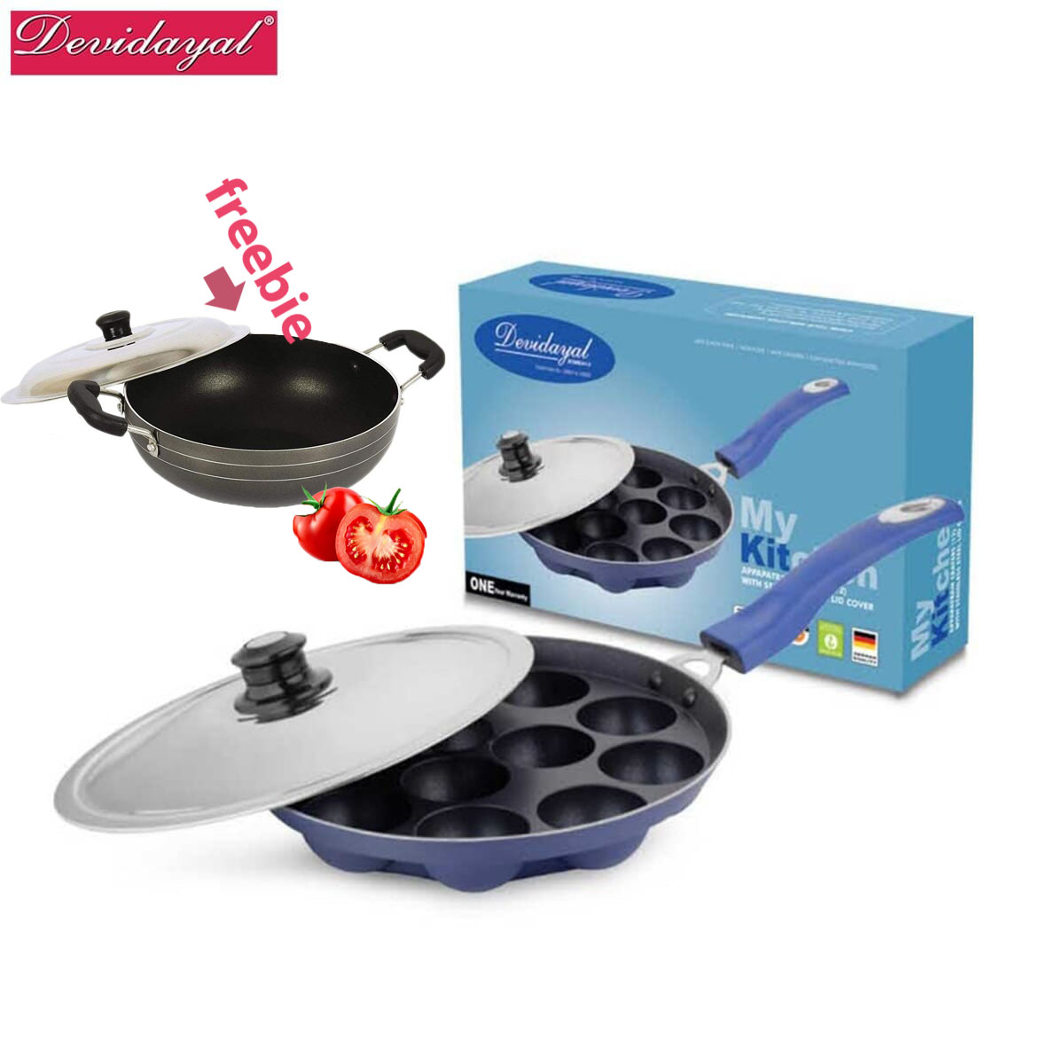 DeviDayal Non stick Appapatram 12 Crater With Free 2 Liter Non Stick Kadai With Stainless Steel Lid