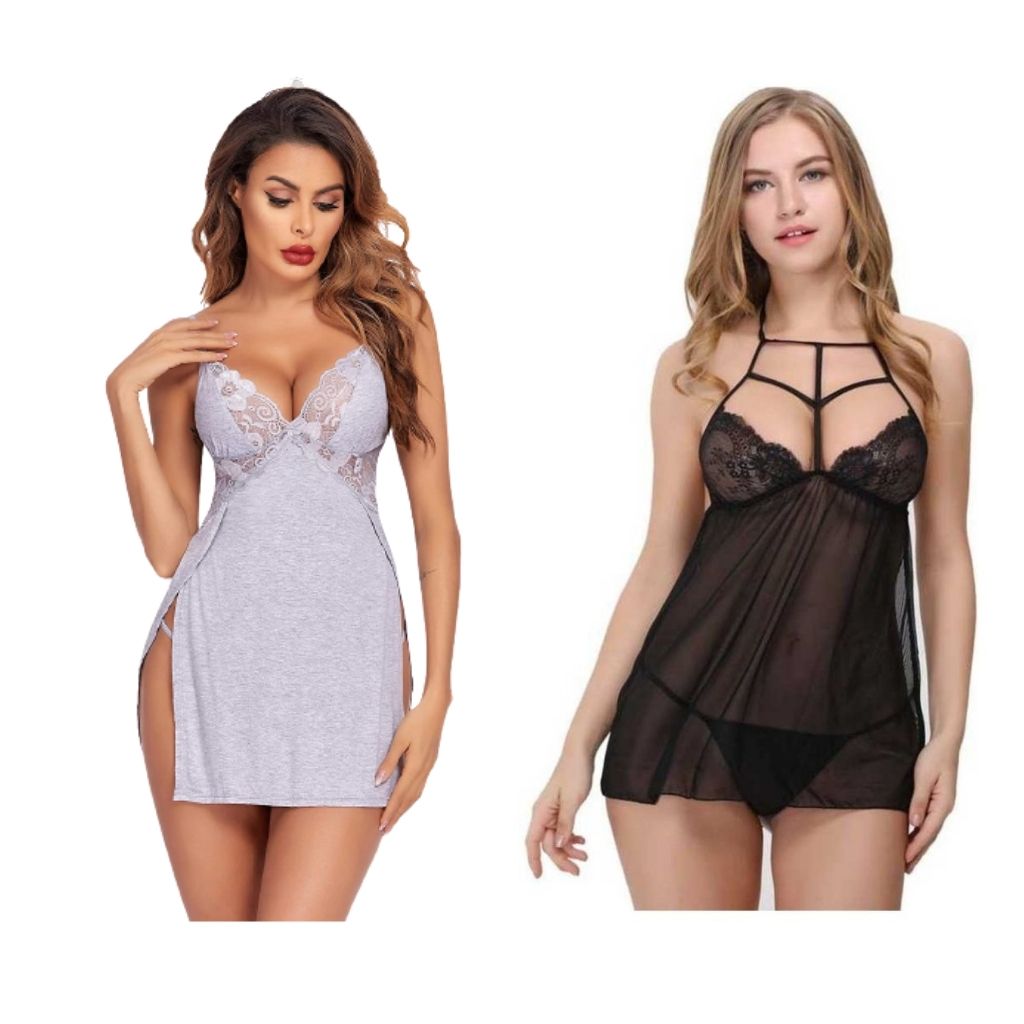 Combo Set of Cotton Women Lingerie Lace Chemise Sexy Nightgown Lace Sling Dress