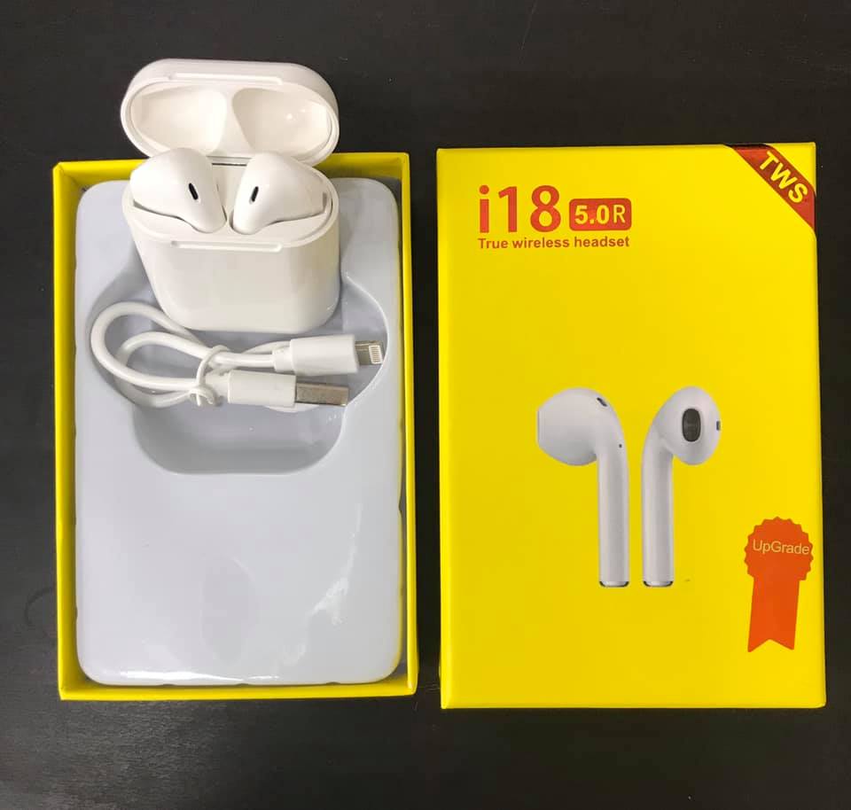 i18 tws Earbuds wireless 5.0 Bluetooth Earbuds Stereo HeadPhones with charging cable - White