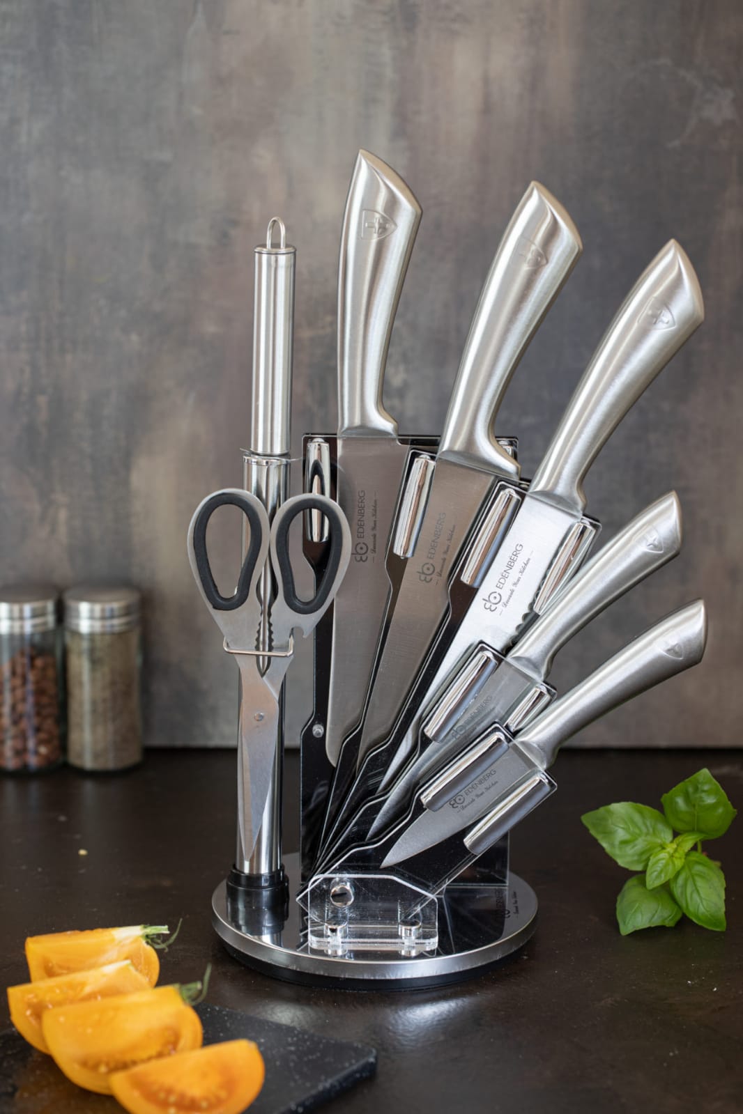 Stainless Steel Premium 8 Pcs Kitchen Knife Set with Rotating Black Stand