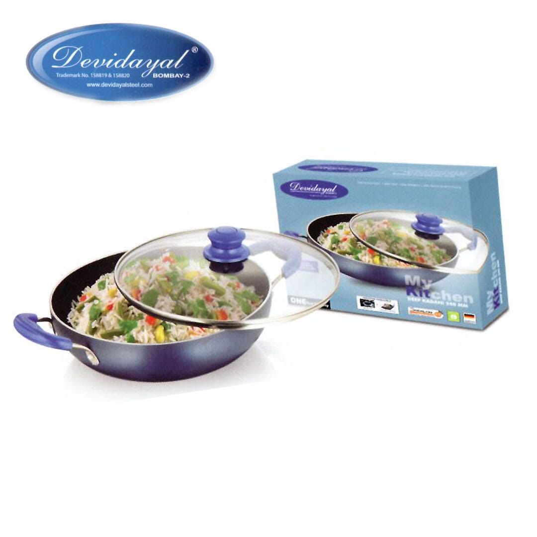 DeviDayal Induction Base Blue Silicon Soft Touch Non Stick Kadai With Temperate Glass Lid - 300 MM ( Free With Wooden Spatula And Apron)