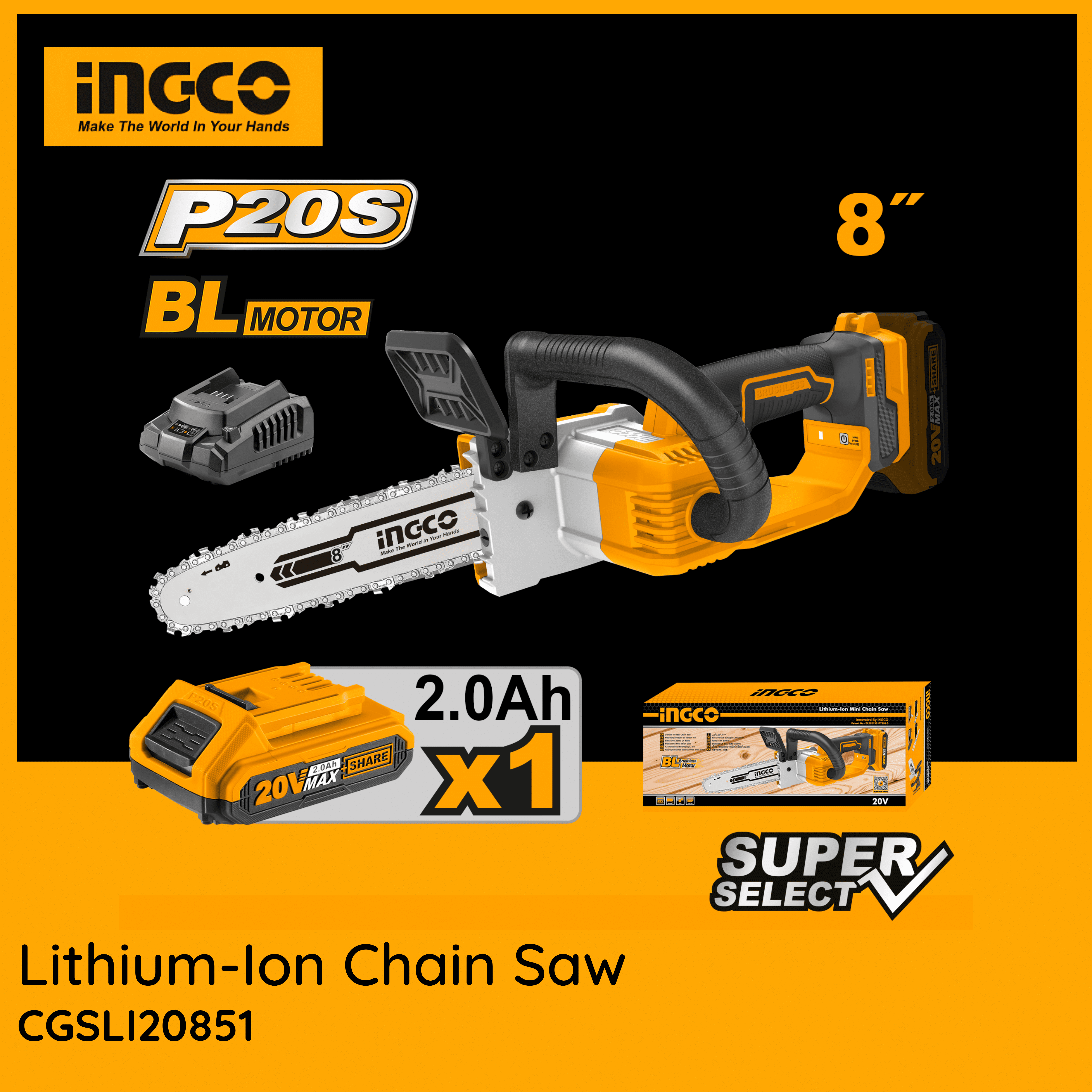 Ingco 8″ Cordless Chain Saw 20V CGSLI20851