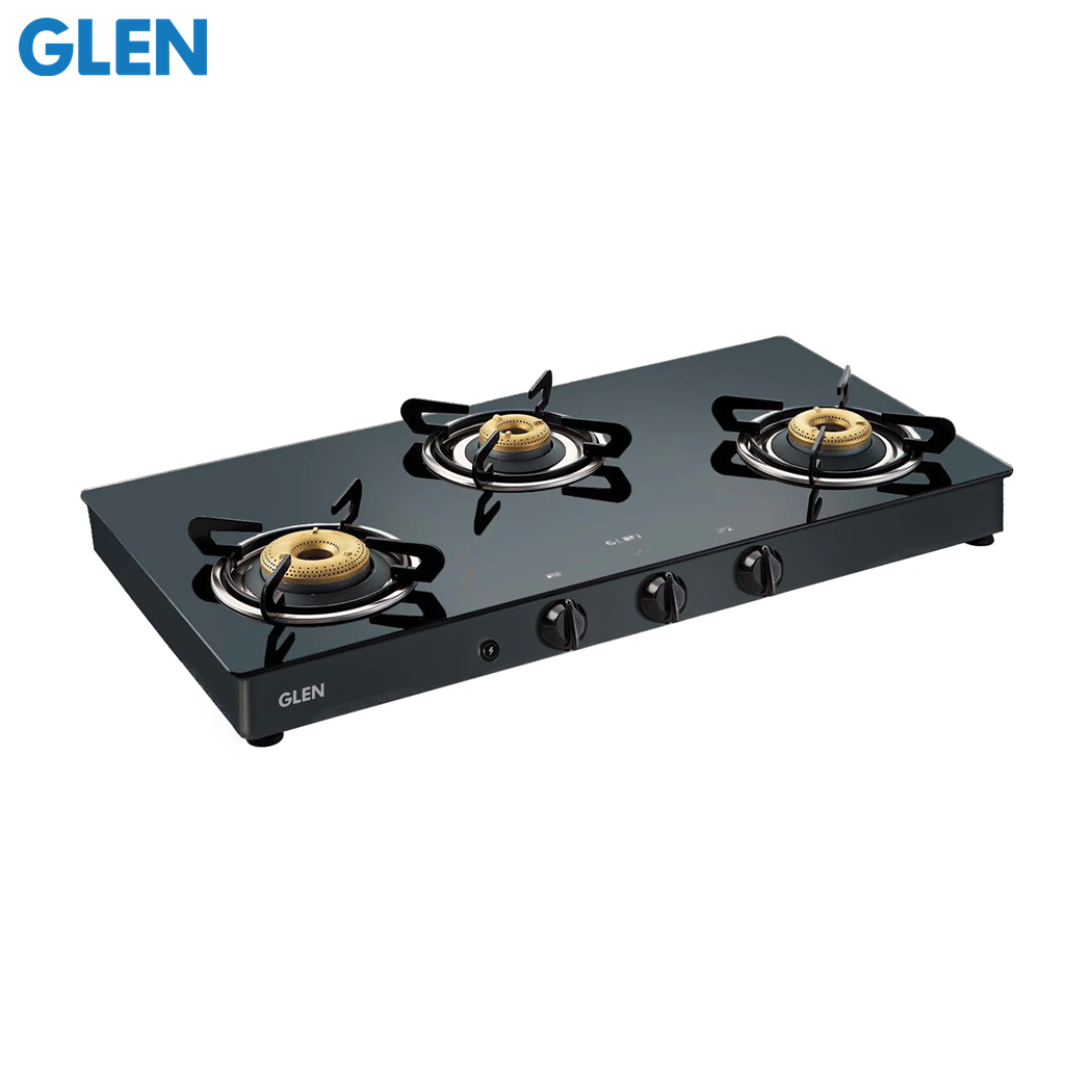 Glen 3 Burner Black Glass Gas Stove with High Flame Brass Burner (1038 SQ GT BLK BB AI)