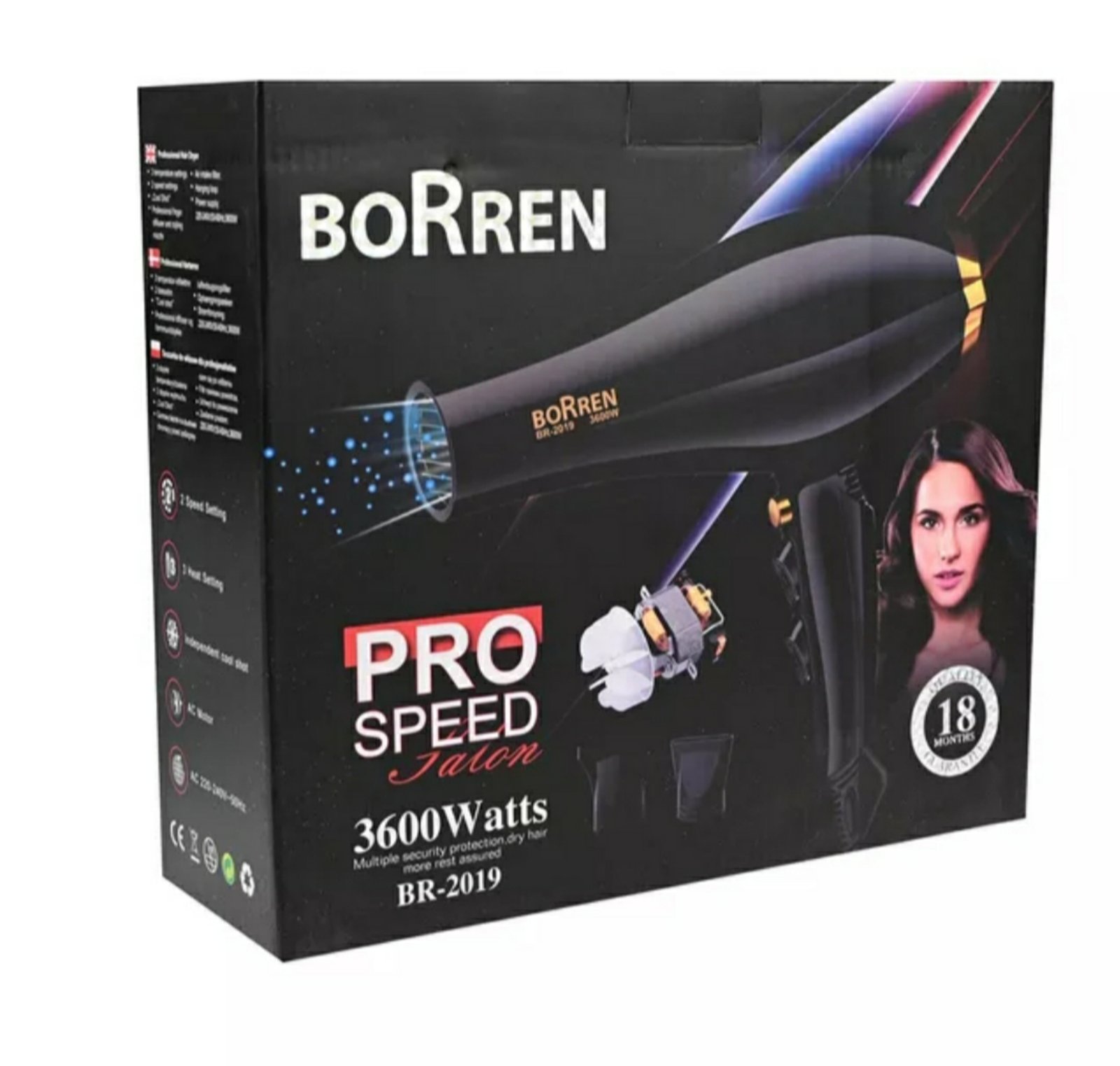 Borren Professional Hair Dryer Ceramic Blow Dryers Salon Powerful Blue Rays Anion Hair Blower 2 Speed and 3 Heat Settings for Hair Styling