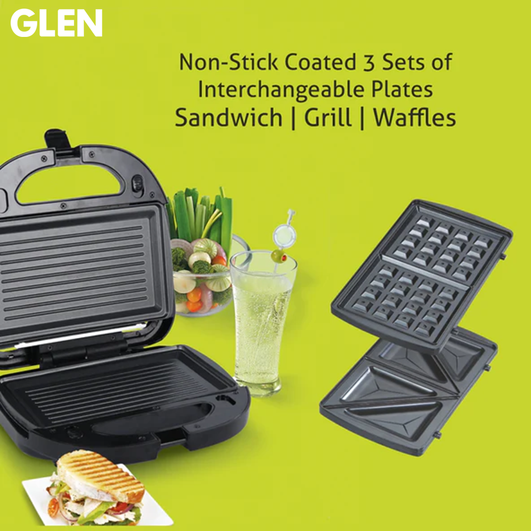 Glen Multi Snack Maker With 3 Sets of Sandwich, Grill & Waffle Non-Stick Plates 750W - image 1