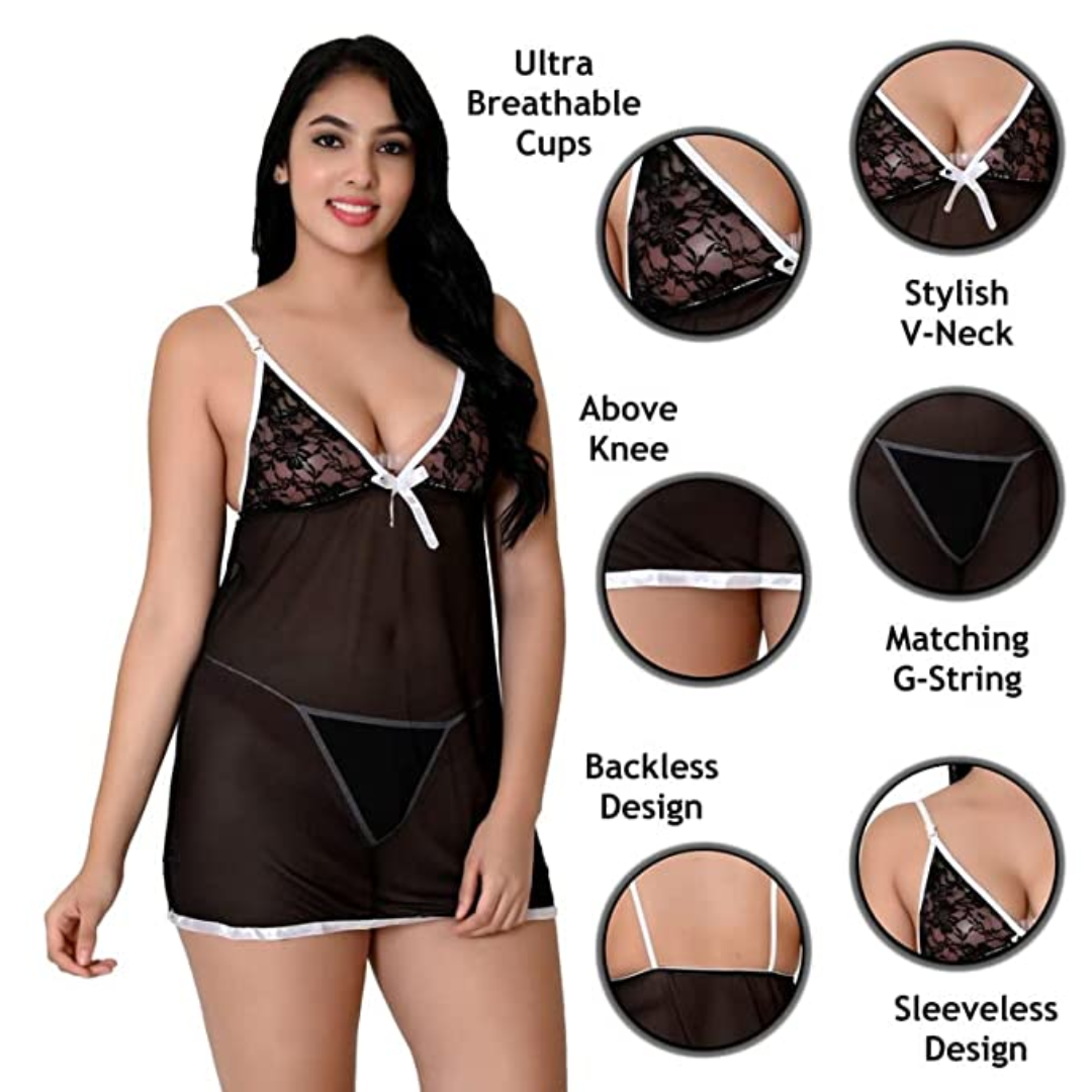 Babydoll Nightwear Above Knee Net Lace Transparent Lingerie Free Size