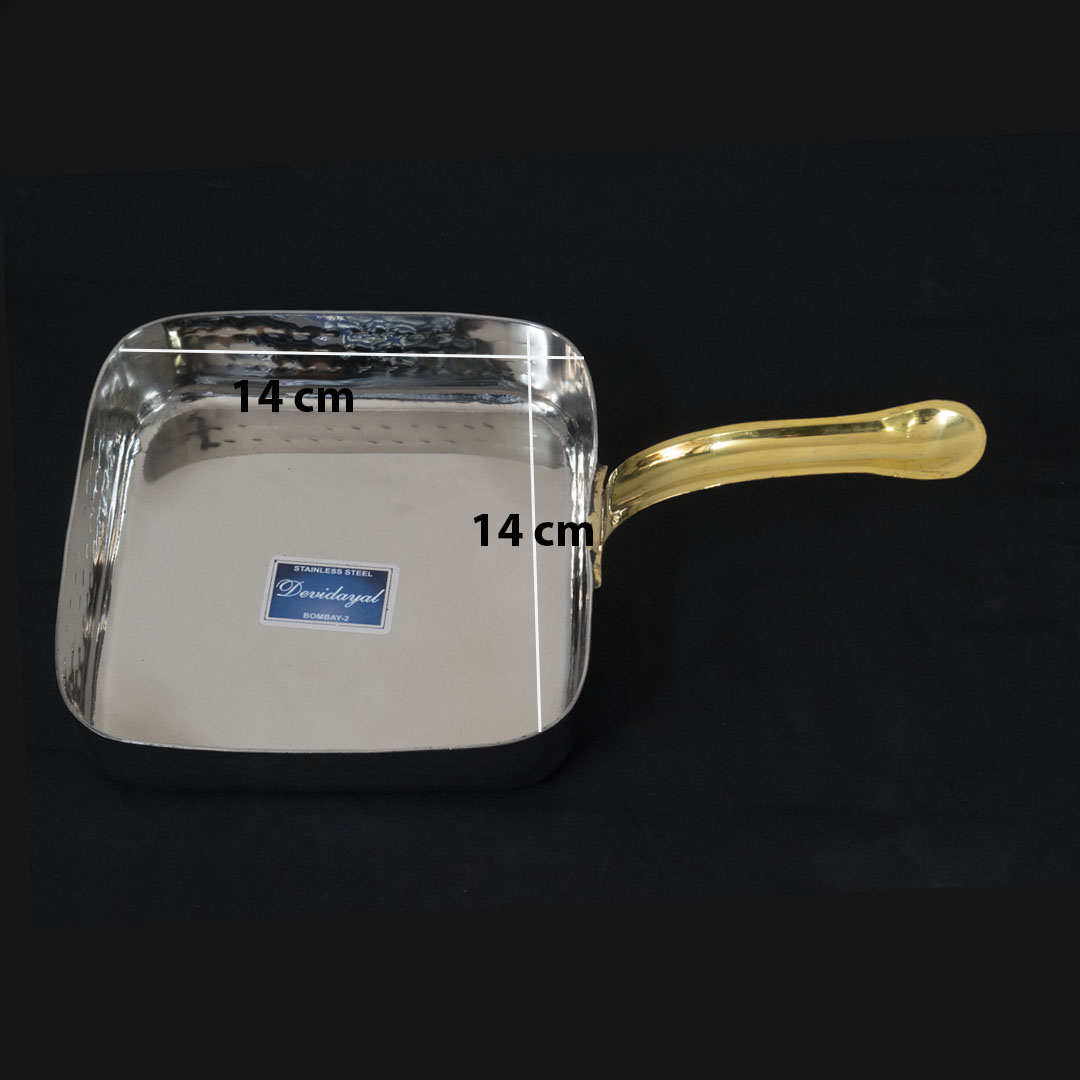 DeviDayal Stainless Steel Hammered Mini Square Serving Try With Golden Touch Single Handle 14 CM x 14 CM