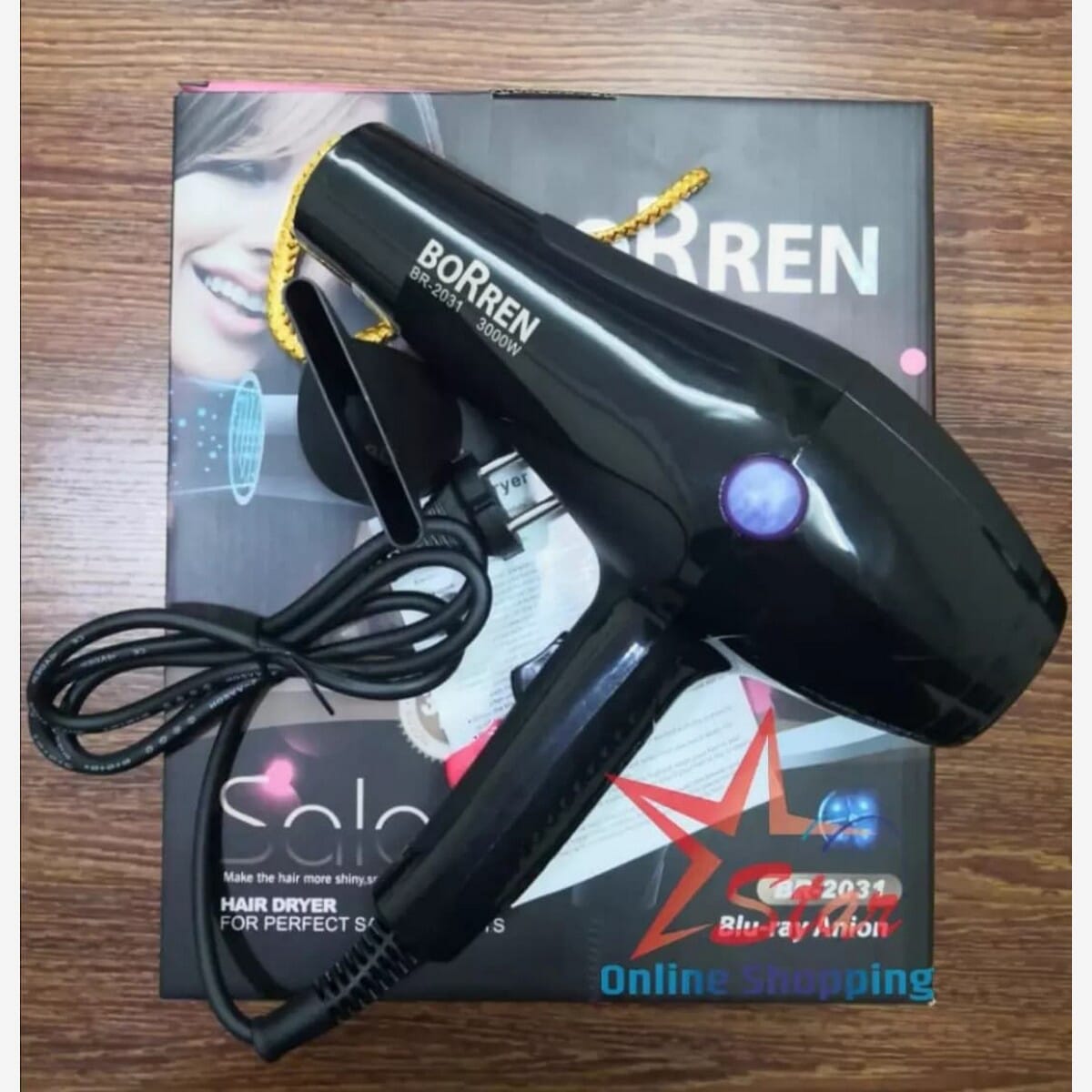 Borren Professional Hair Dryer Ceramic Blow Dryers Salon Powerful Blue Ray Anion Hair Blower 2 Speed and 3 Heat Settings for Hair Styling