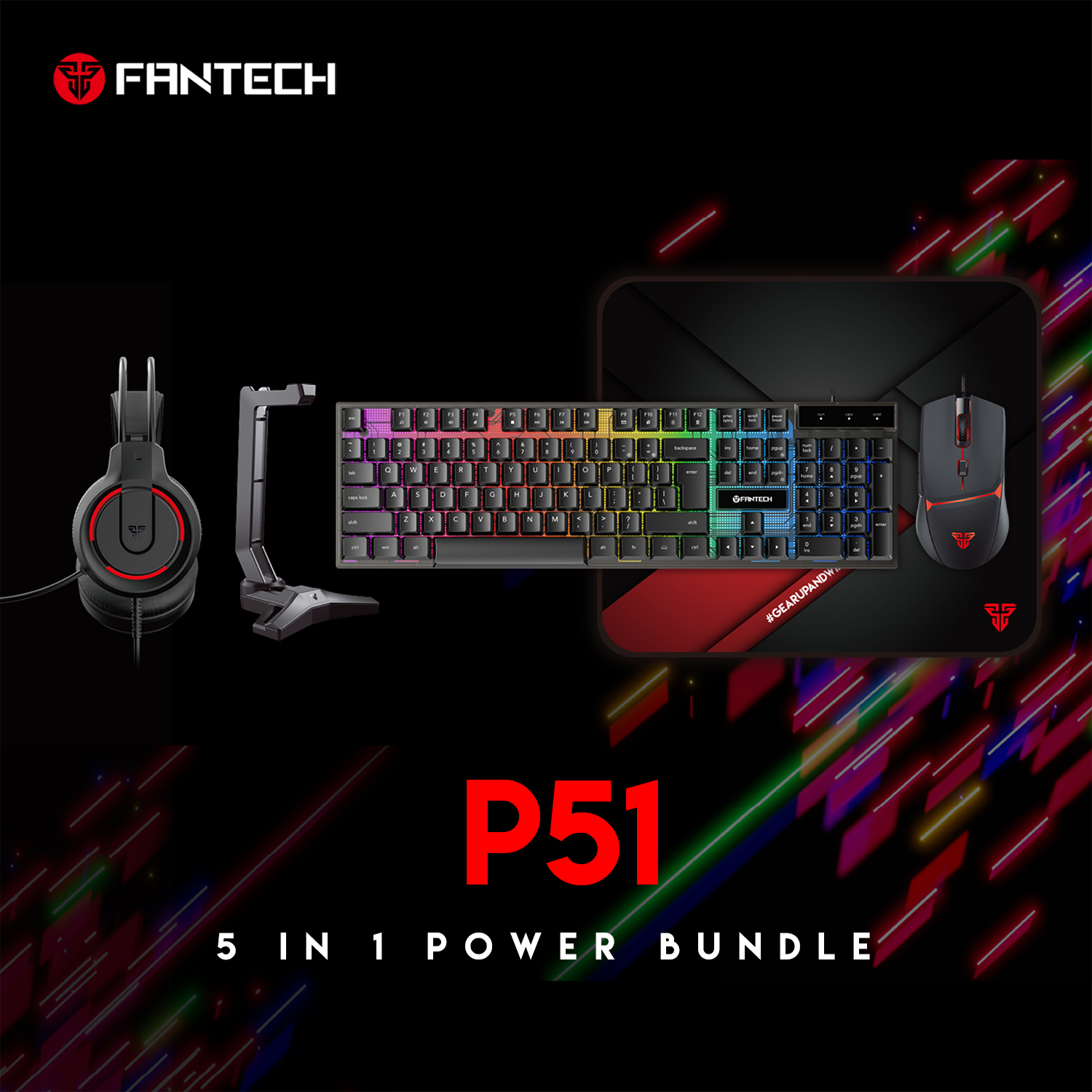 Fantech P51 5in1 Bundle(Headphone-Keyboard-Mouse-Headset Stand-Mousepad)