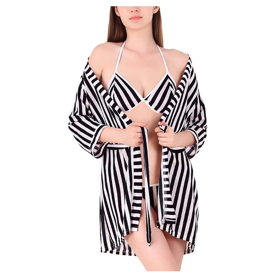 Women Stripe Satin Nightwear Robe Nightdress with Bra Panty Lingerie Set Free Size Black White Color