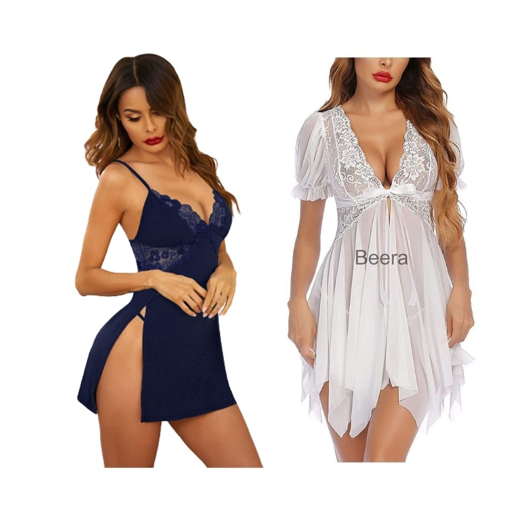 Combo set of Nightwear Baby doll Lingerie for Women for Honeymoon Free Size Navy Blue and White Color