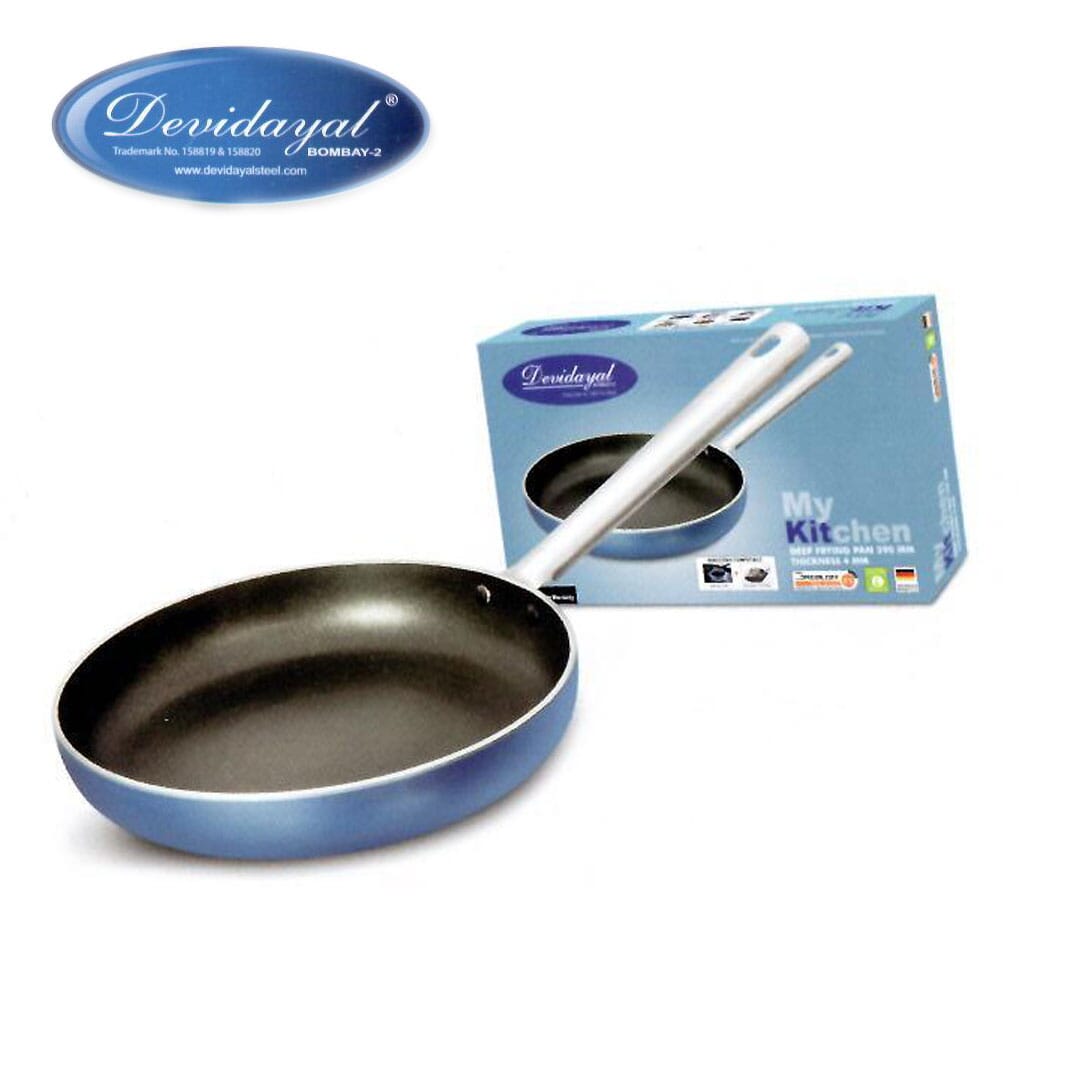 DeviDayal Induction Base Blue Silicon Soft Touch Non Stick Frying Pan With Stainless Steel Handle - 290 MM ( Free With Wooden Spatula And Apron)