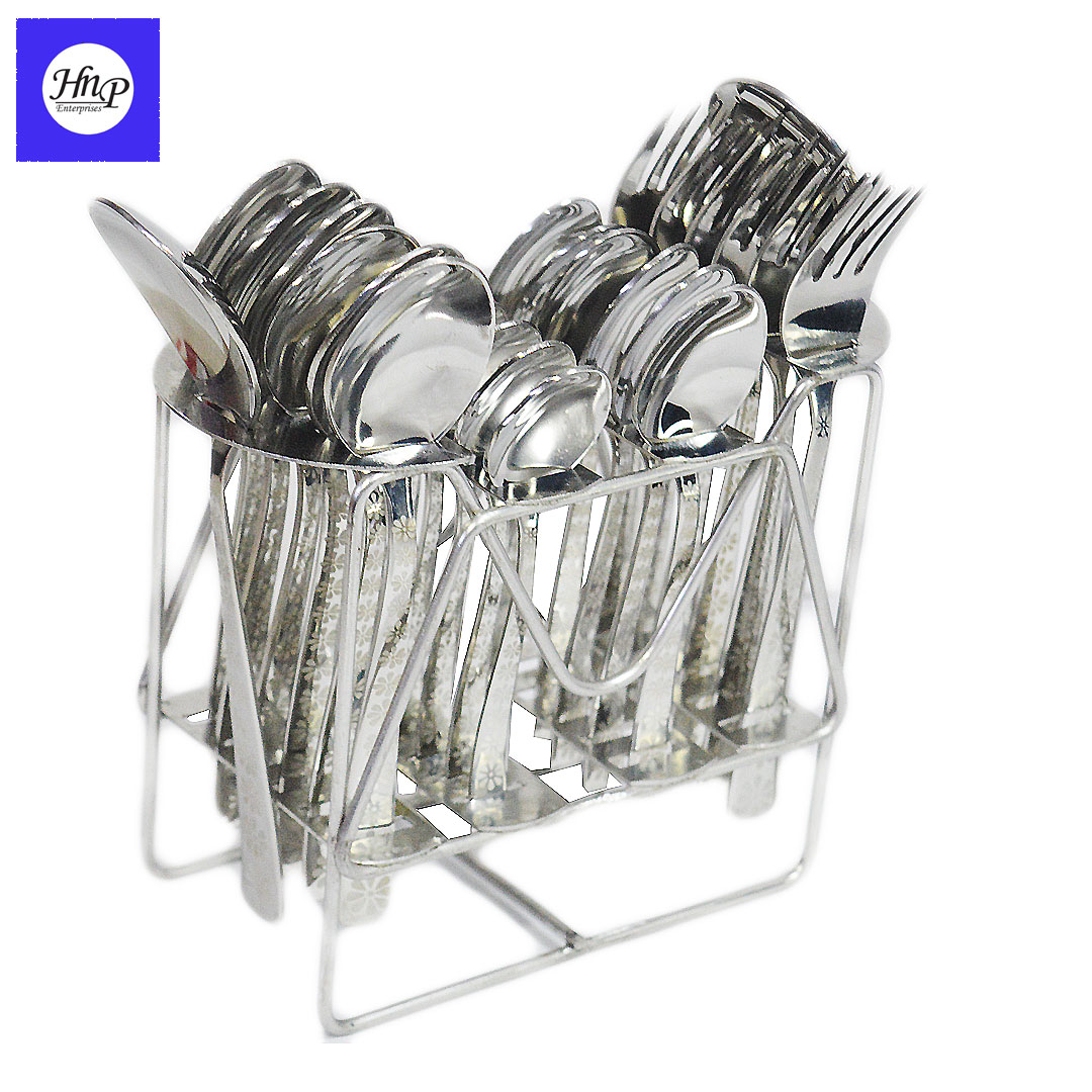 DeviDayal Heavy Gauge 26 Piece Stainless Steel Flower Pattern Cutlery set With Stand