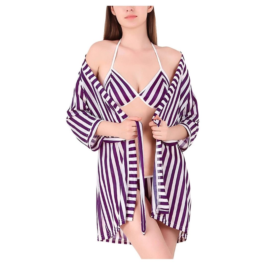 Women Stripe Satin Nightwear Robe Nightdress with Bra Panty Satin Lingerie Set Free Size Purple White Color