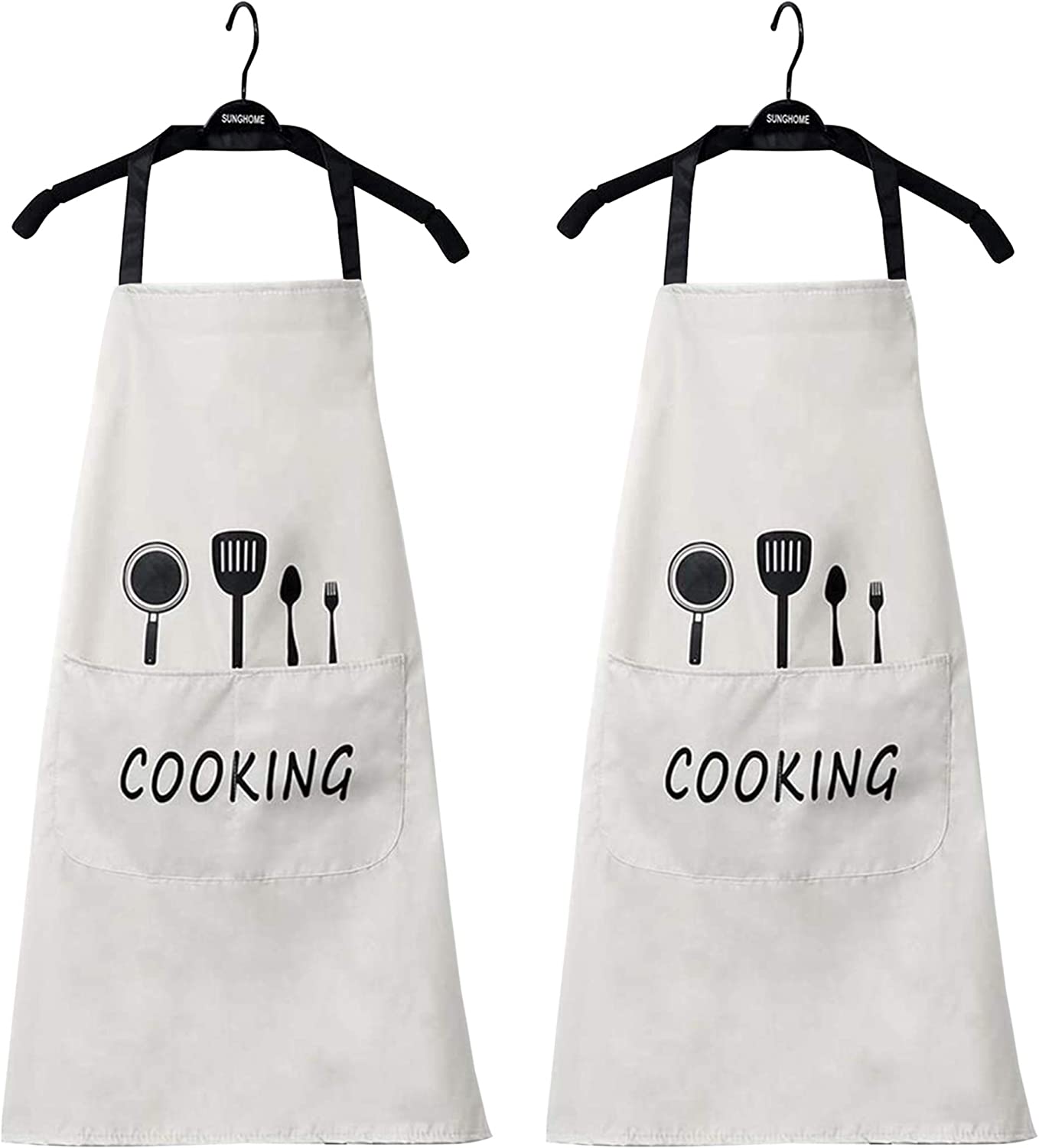 Cute Printed White Waterproof Adjustable Kitchen Apron With Big Pockets